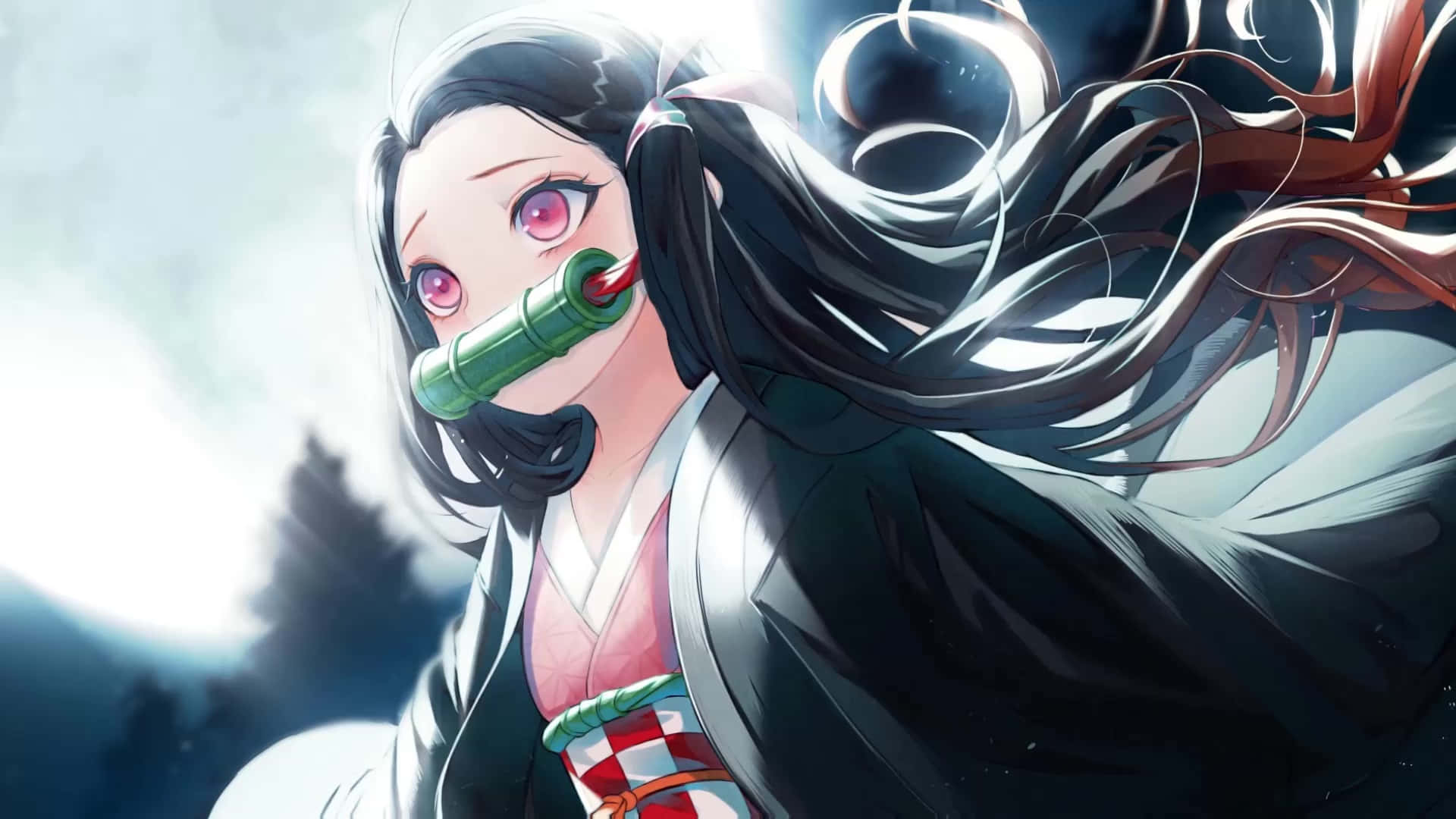 Manga Karakteri Sevimli Nezuko Kamado ve Parlayan Ay Duvar Kağıdı