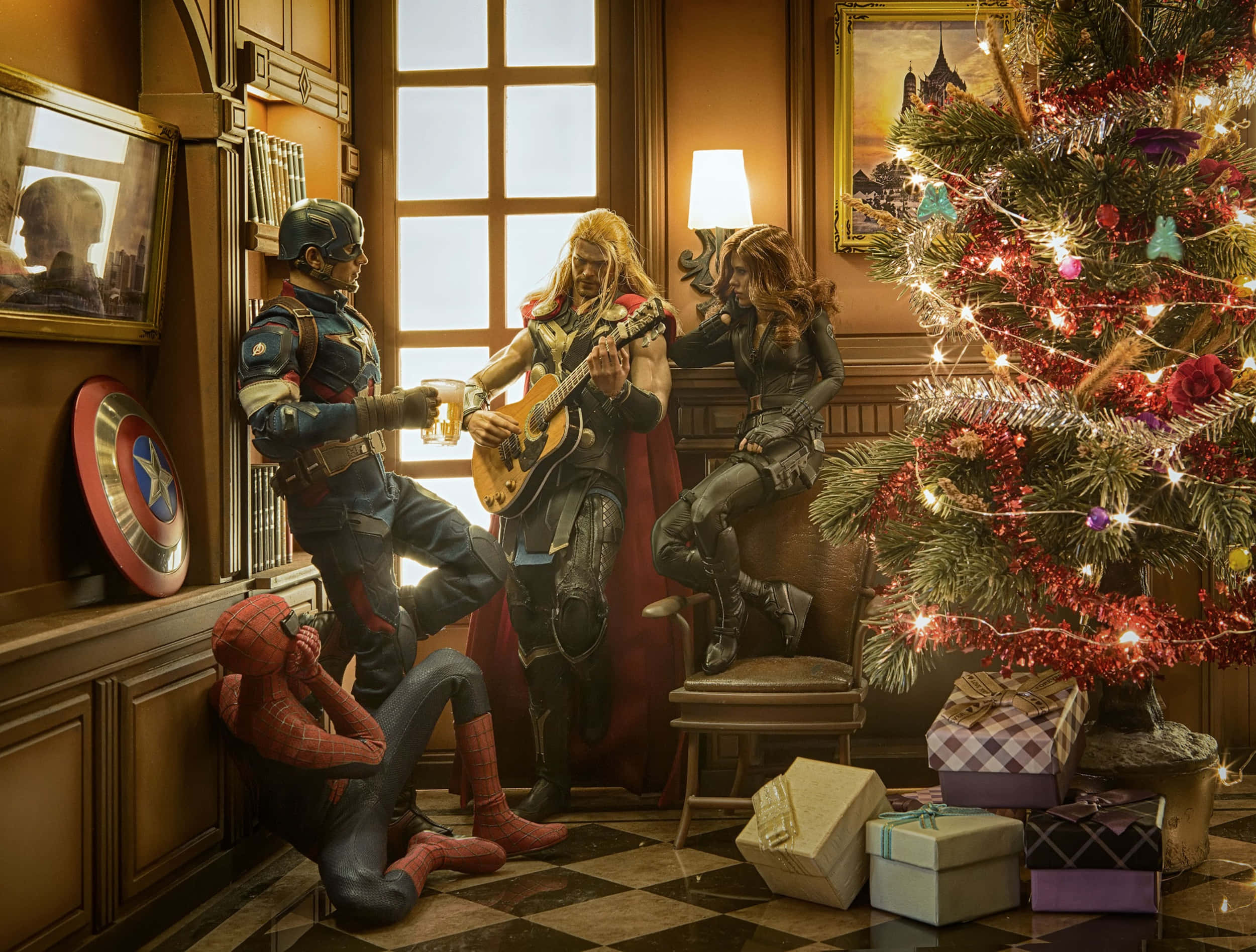 Marvel Noel Ağacı Süper Kahramanları Duvar Kağıdı