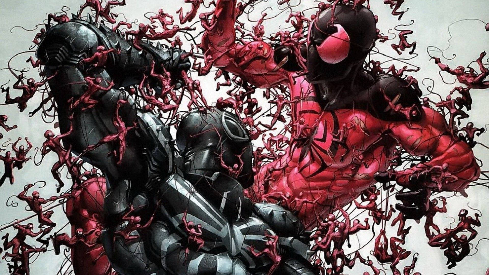 Marvel süper kahramanı Örümcek Adam kırmızı ve siyah, küçük adamlarla birlikte.