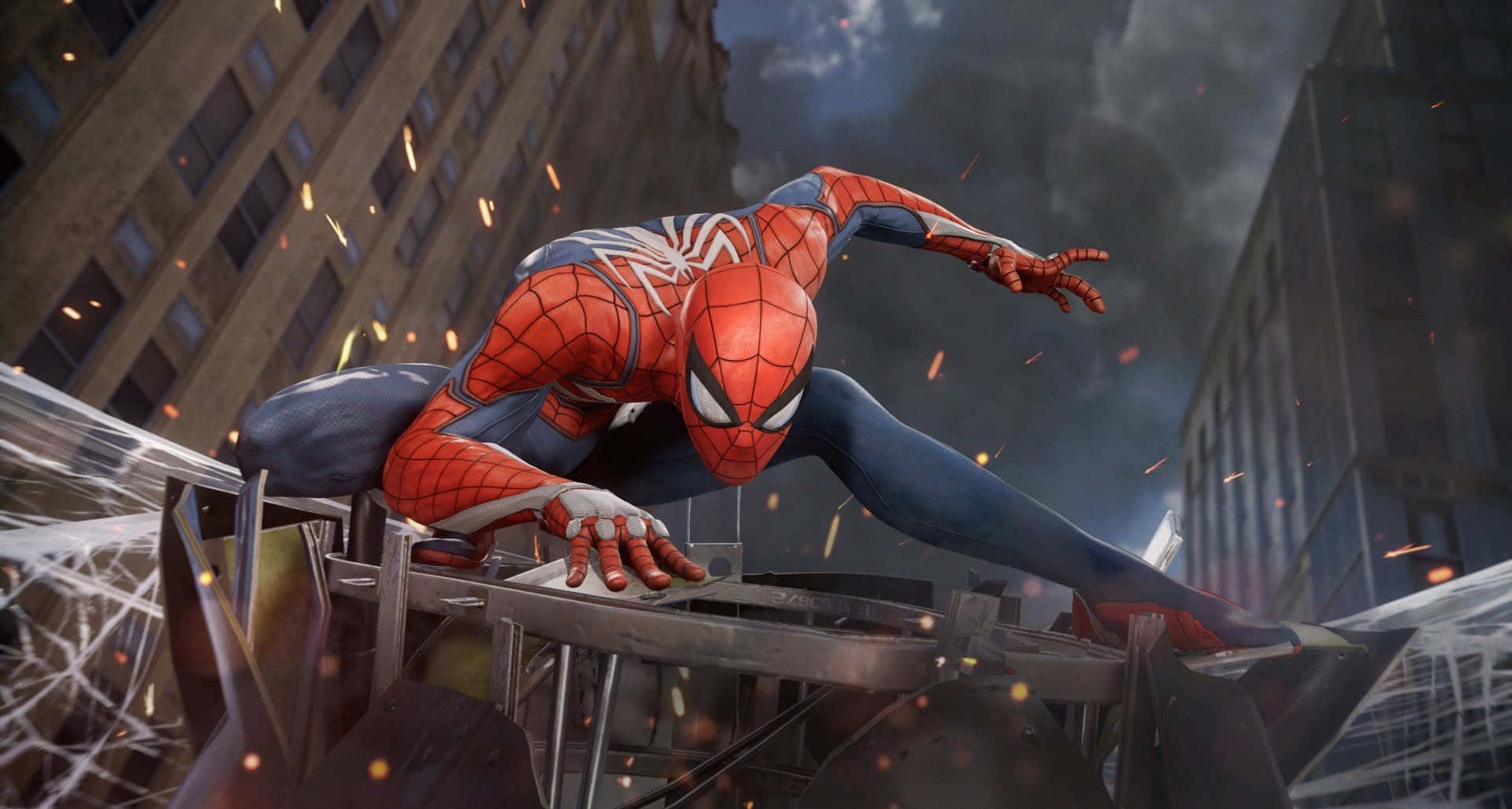 Marvel Ps4 Örümcek Adam Enkaz Üzerinde Poz Veriyor Duvar Kağıdı