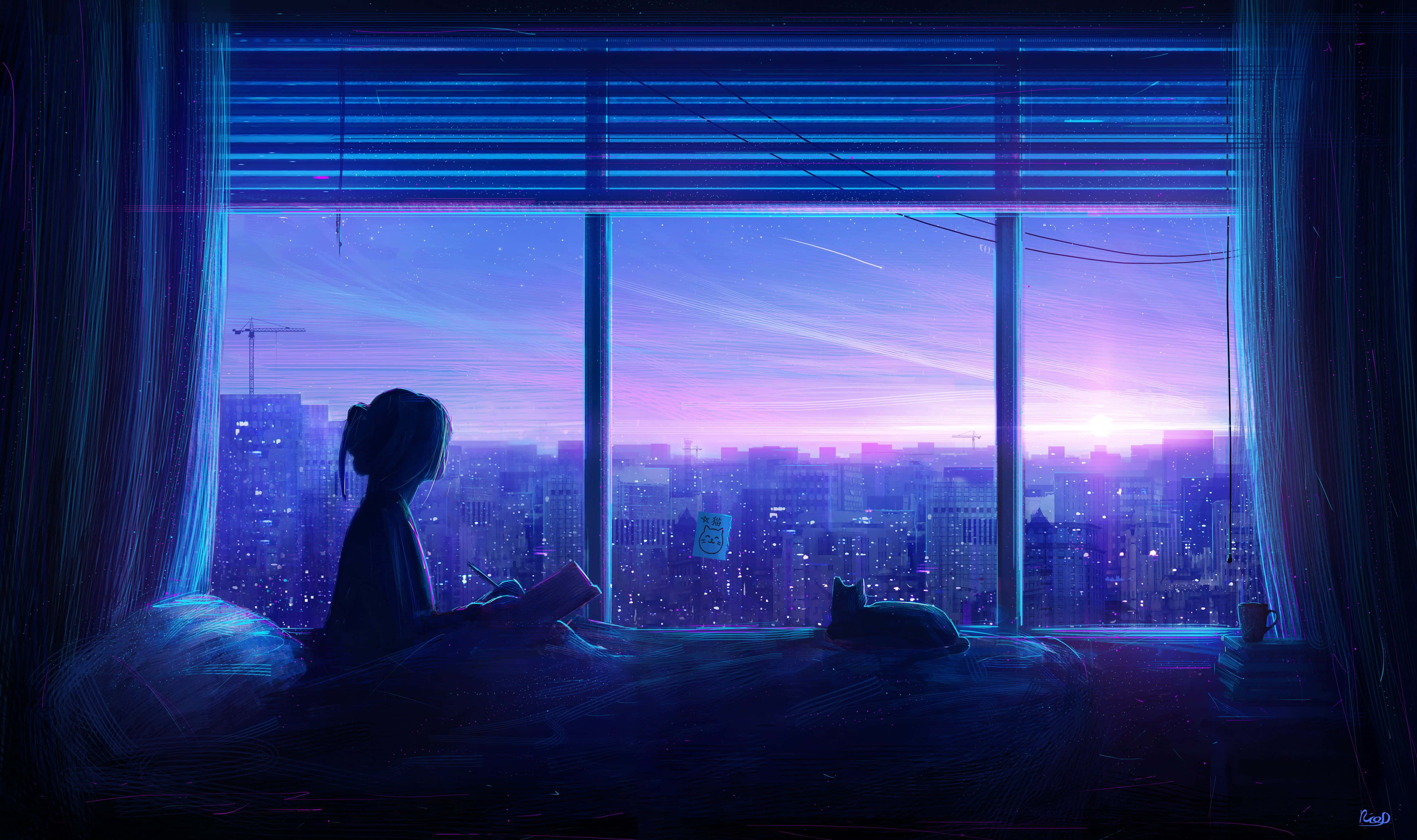 Mavi Anime Kızı Estetiği Geniş Pencere Gün Batımında Duvar Kağıdı