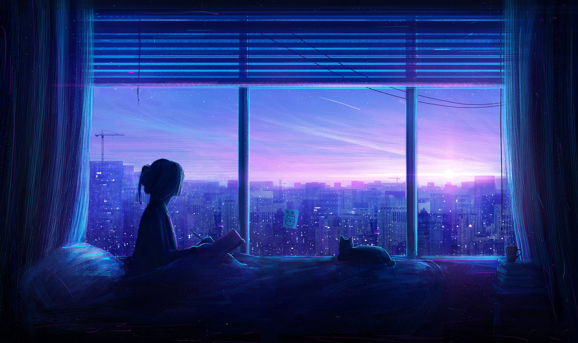 Mavi Anime Silüet Kız ve Kedi Estetiği — Mavi estetik GIF Duvar Kağıdı