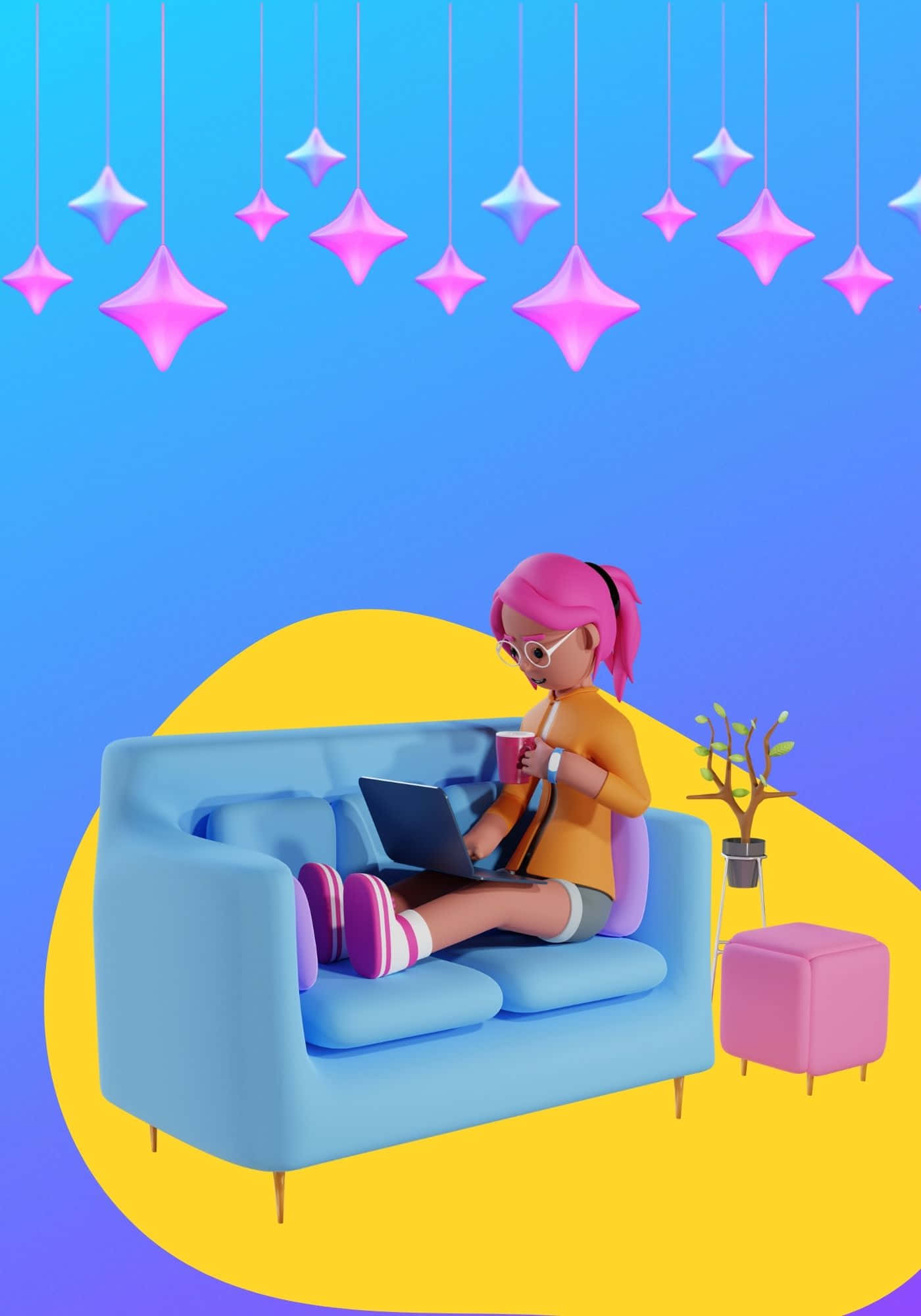 Mavi Kanepede 3D Kadın Arka Planı Duvar Kağıdı