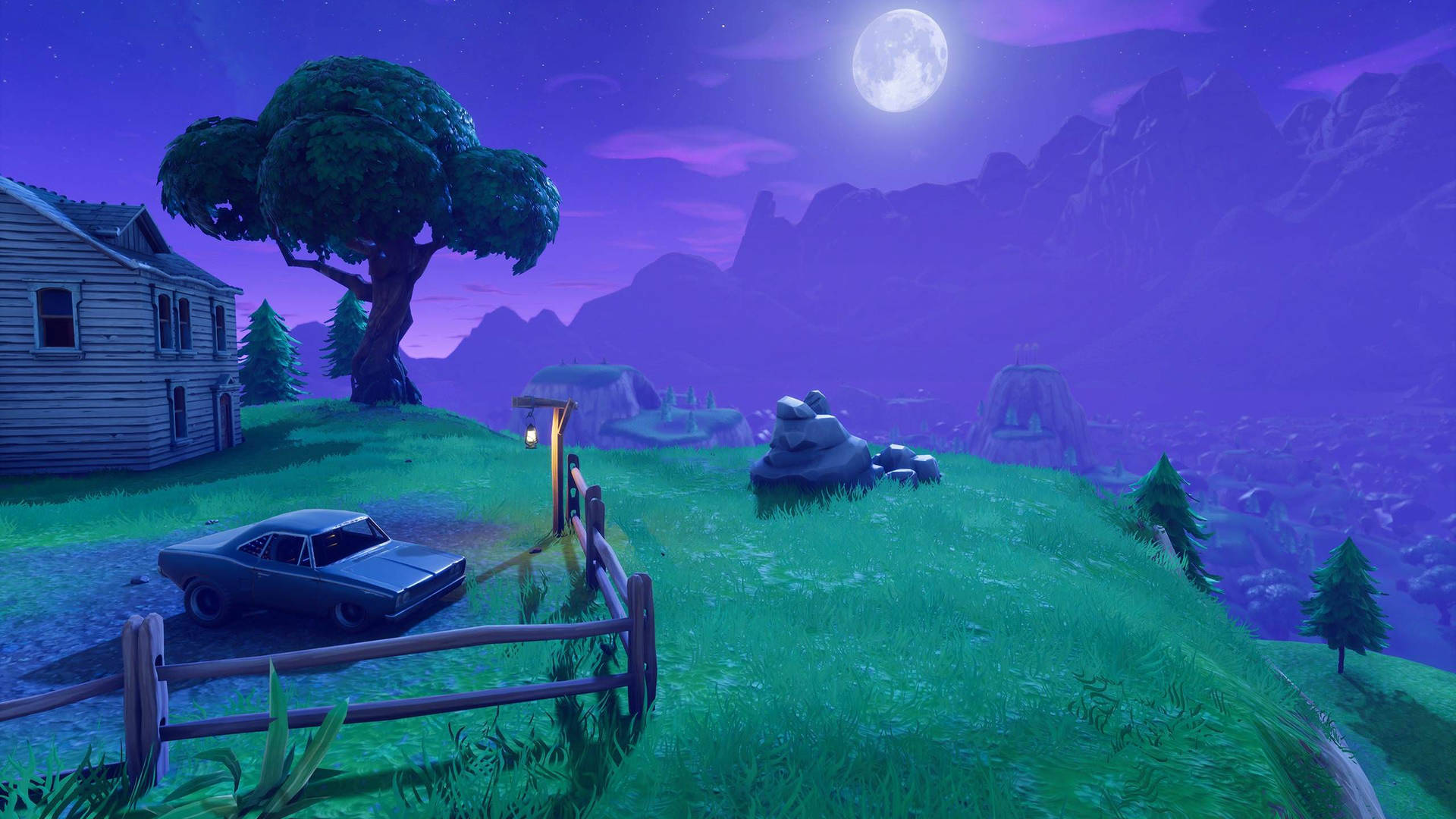 Fortnite'ta dolunaylı gece ve huzurlu manzara HD duvar kağıdı.