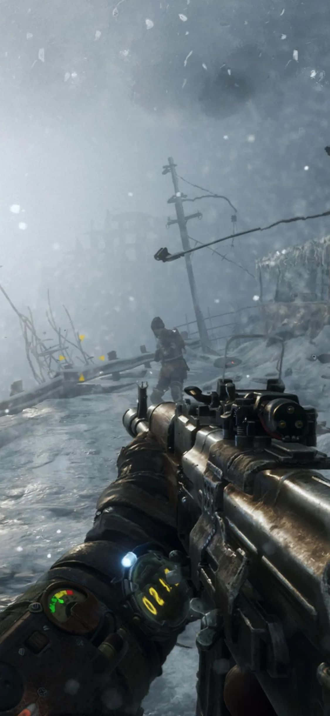 Metro Exodus'un kıyamet sonrası manzarasında gaz maskeli bir adam dolaşıyor Duvar Kağıdı