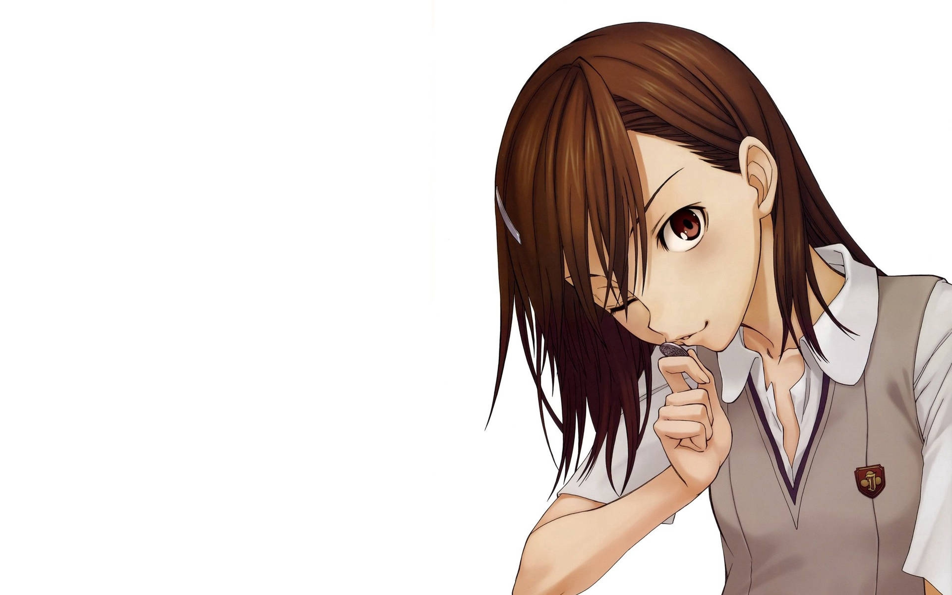 Anime kızı Mikoto Misaka'nın bir parayı tutup öptüğü duvar kağıdı.