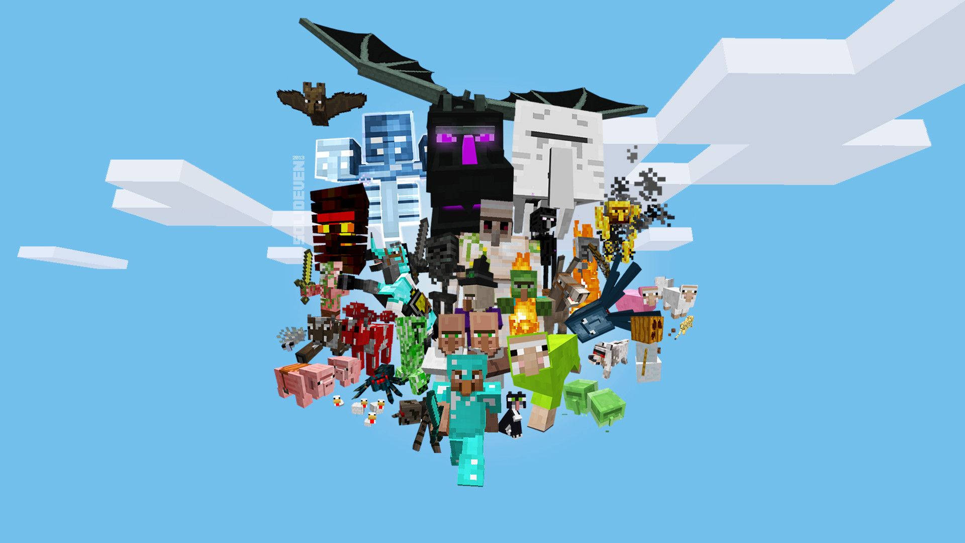 Minecraft'ın Öğle Gökyüzünde Bir Yaratık Koleksiyonu Duvar Kağıdı