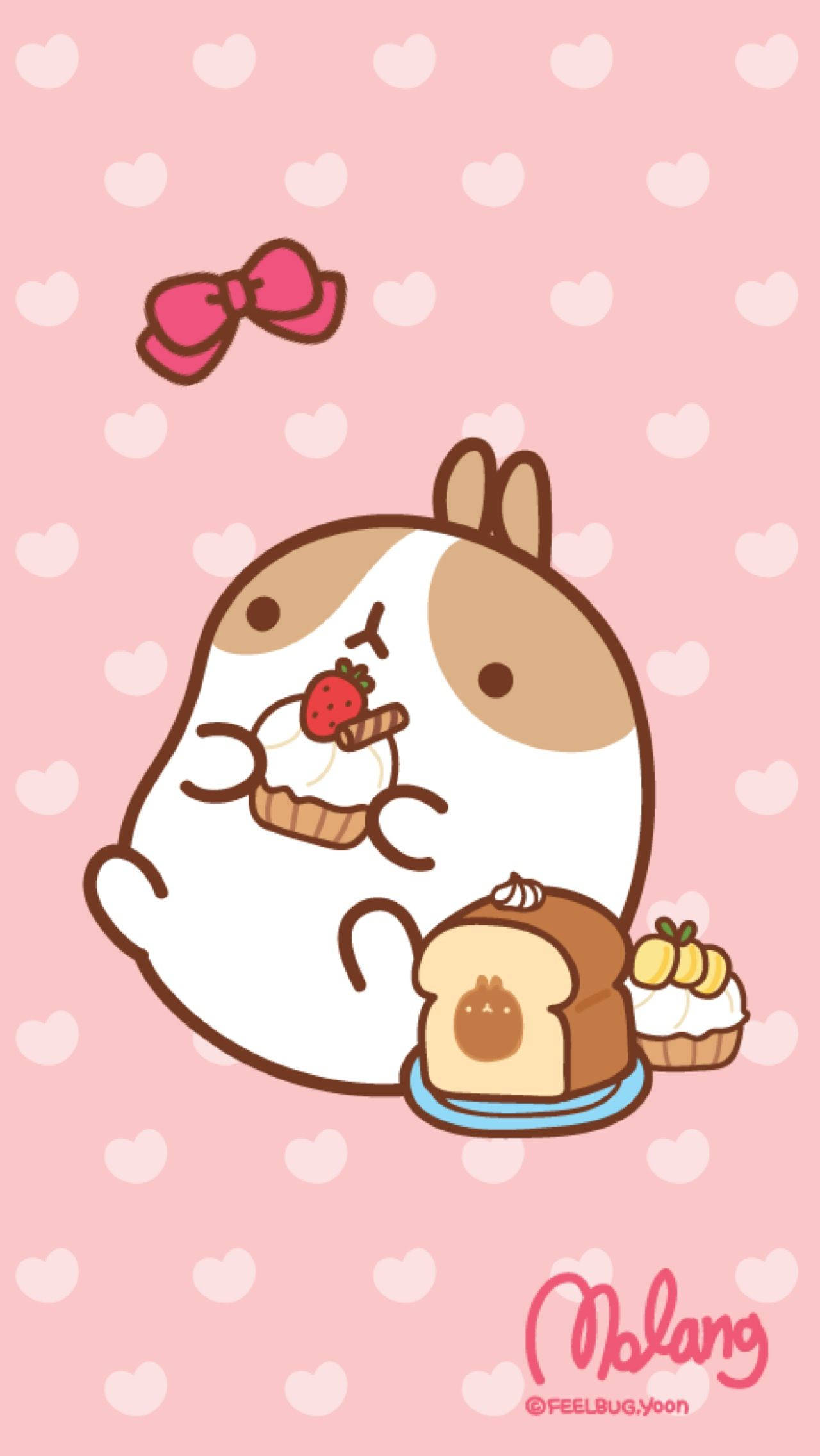 Molang, Kawaii Pembe Puantiyeler Üzerinde Yemek Yiyor Duvar Kağıdı