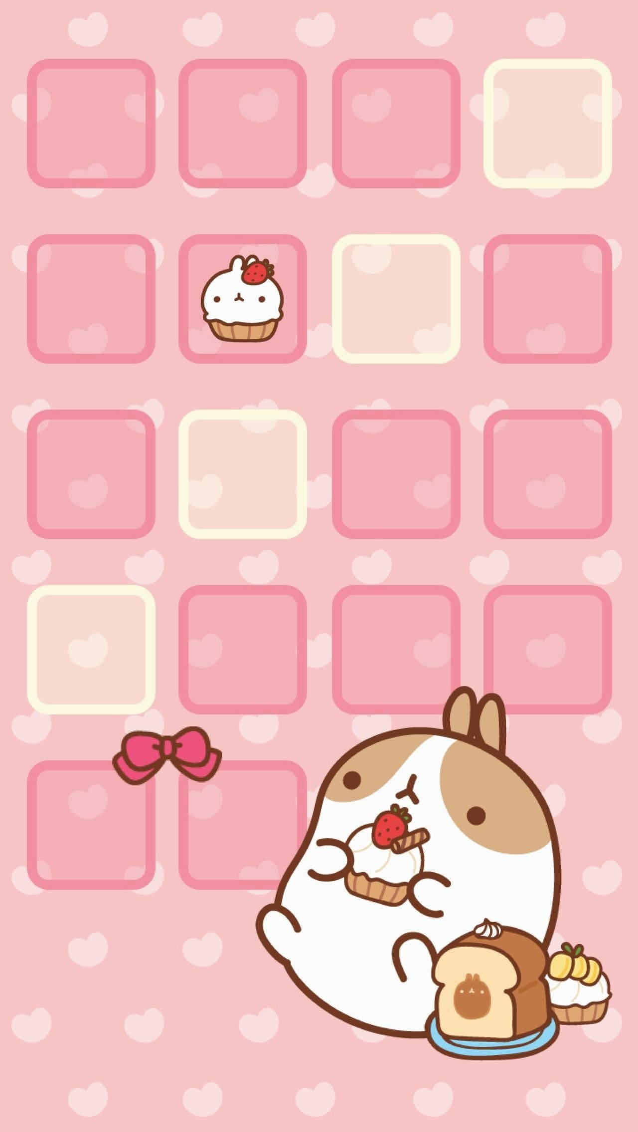 Molang Pembe Kawaii Arka Planda Yemek Yiyor Duvar Kağıdı