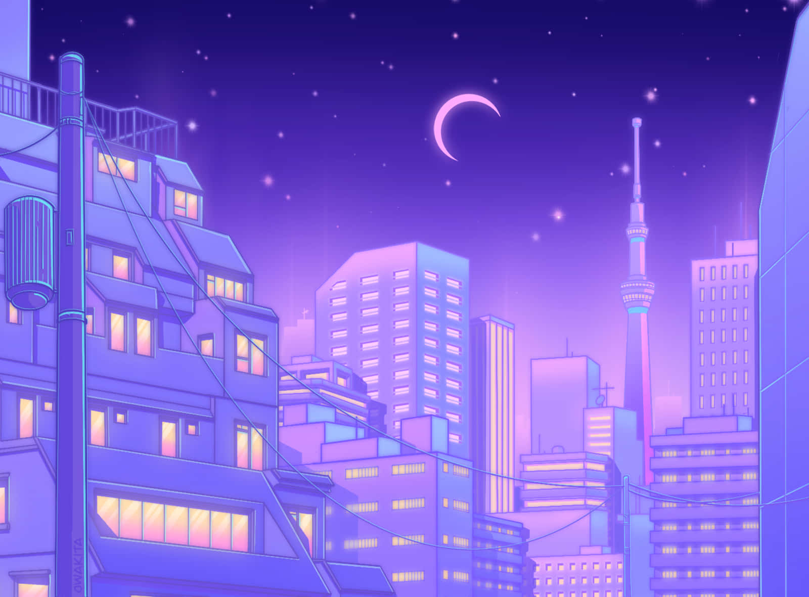 Mor Gece Tokyo Anime Şehri Duvar Kağıdı