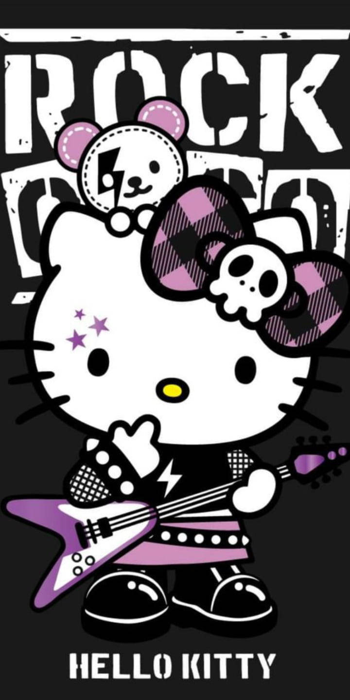 Mor ve Siyah Hello Kitty Rockstar Duvar Kağıdı