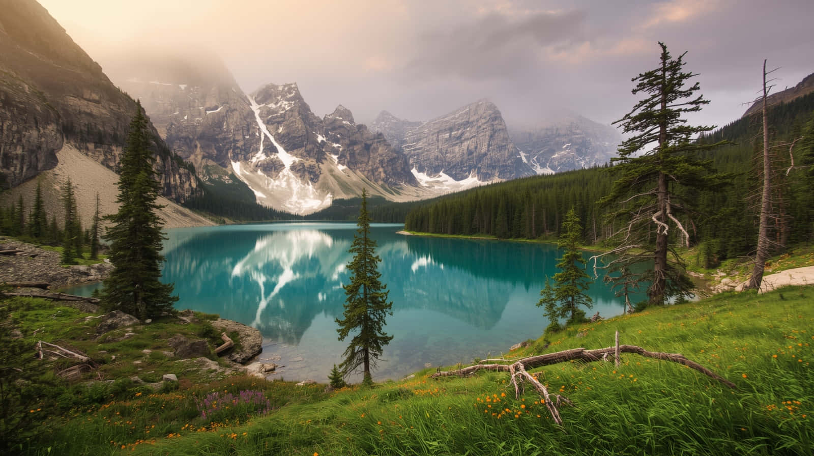 Moraine Gölü Üzerinde Sis ve Turkuaz Dağ Yansıması Duvar Kağıdı