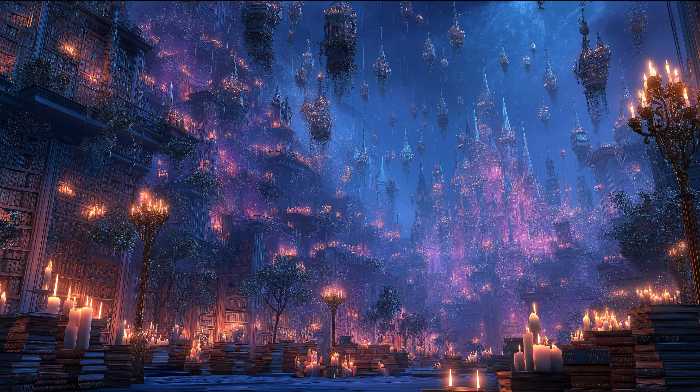 Mum Işığında Görkemli Kütüphane Duvar Kağıdı