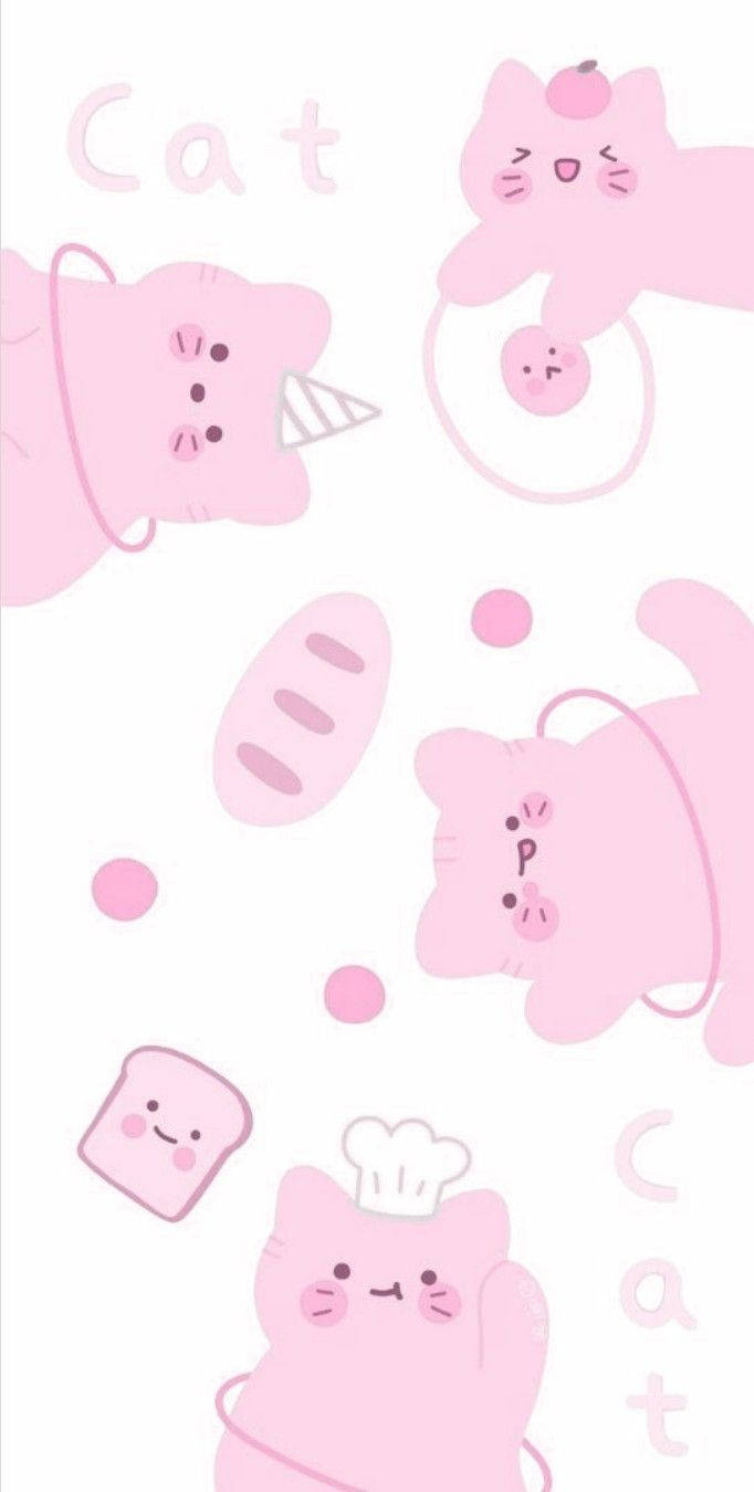 Mutlu Pembe Kawaii Kedi Duvar Kağıdı