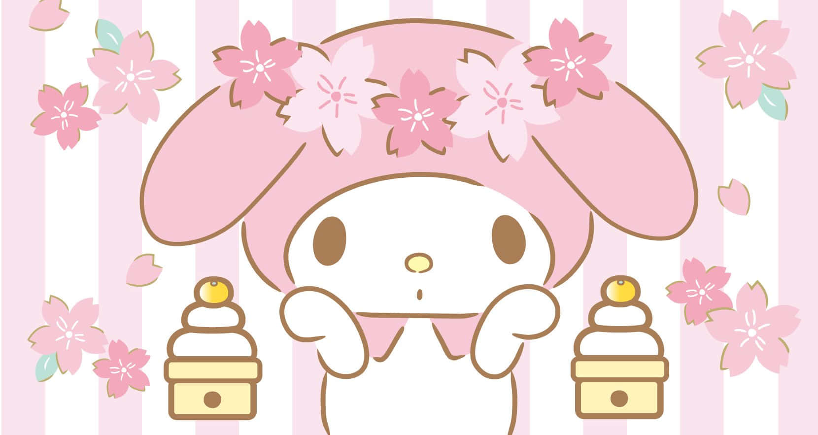 My Melody Masaüstü Pastalar ve Pembe Çiçekler Duvar Kağıdı