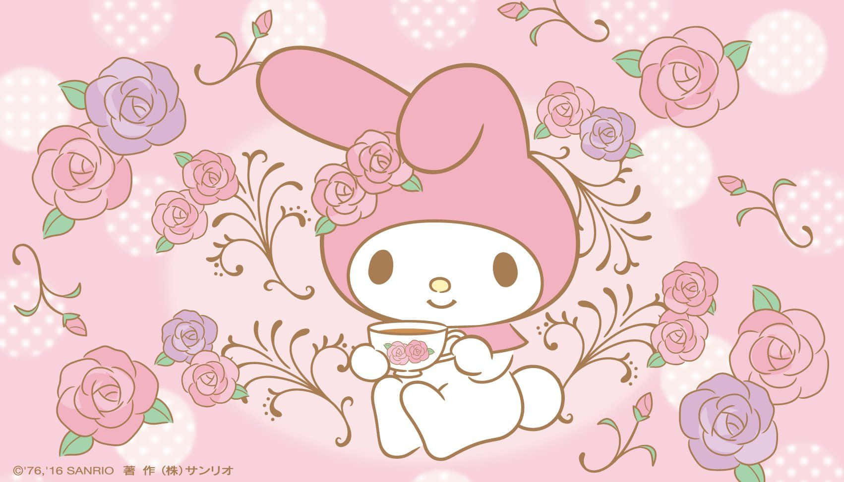 My Melody Masaüstü Pembe ve Mor Çiçekler Duvar Kağıdı