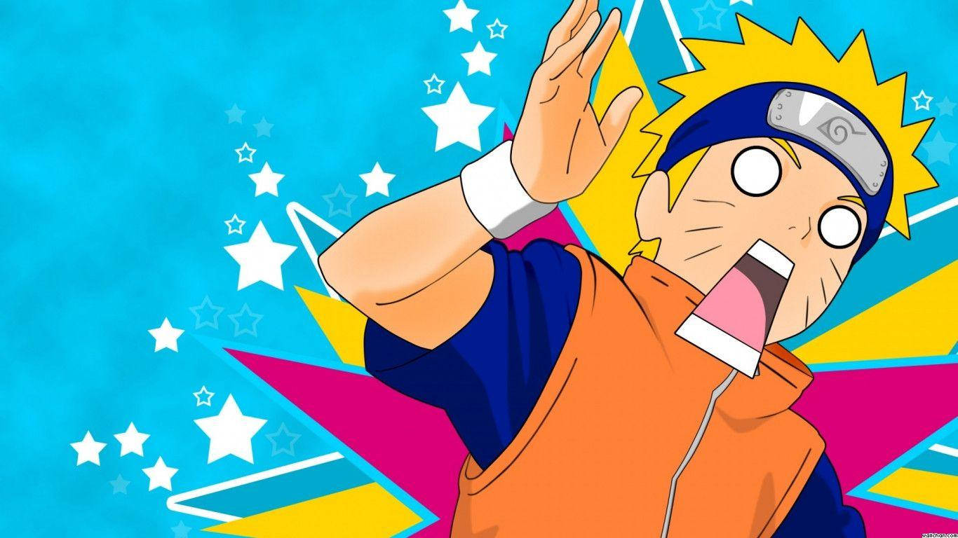 Naruto Uzumaki'nin yaprak köyü ninja üniformasıyla komik yüz ifadesi.