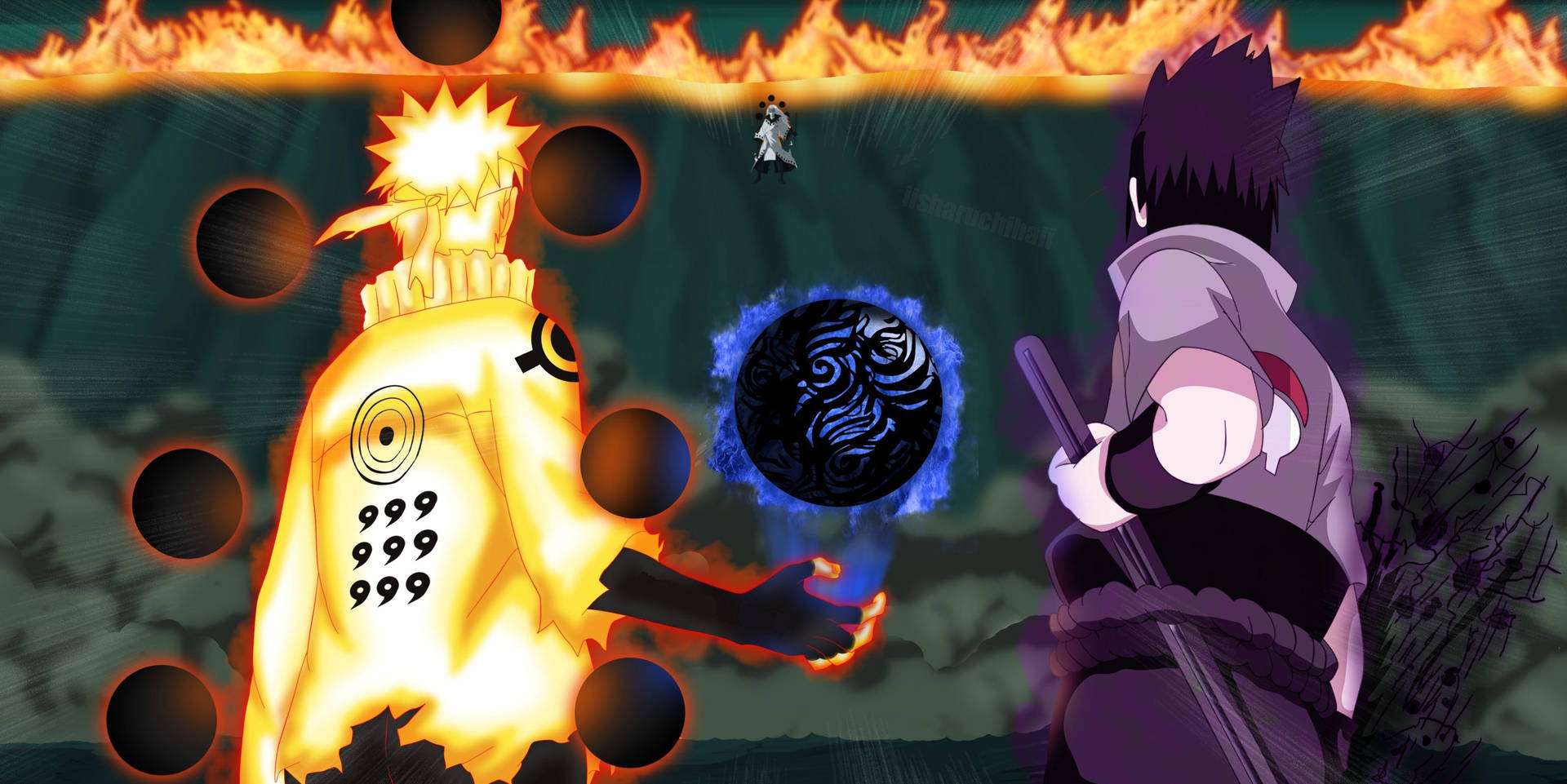 Naruto, Uchiha Madara'ya karşı Naruto Shippuden'in en ikonik savaşlarından birinde Duvar Kağıdı