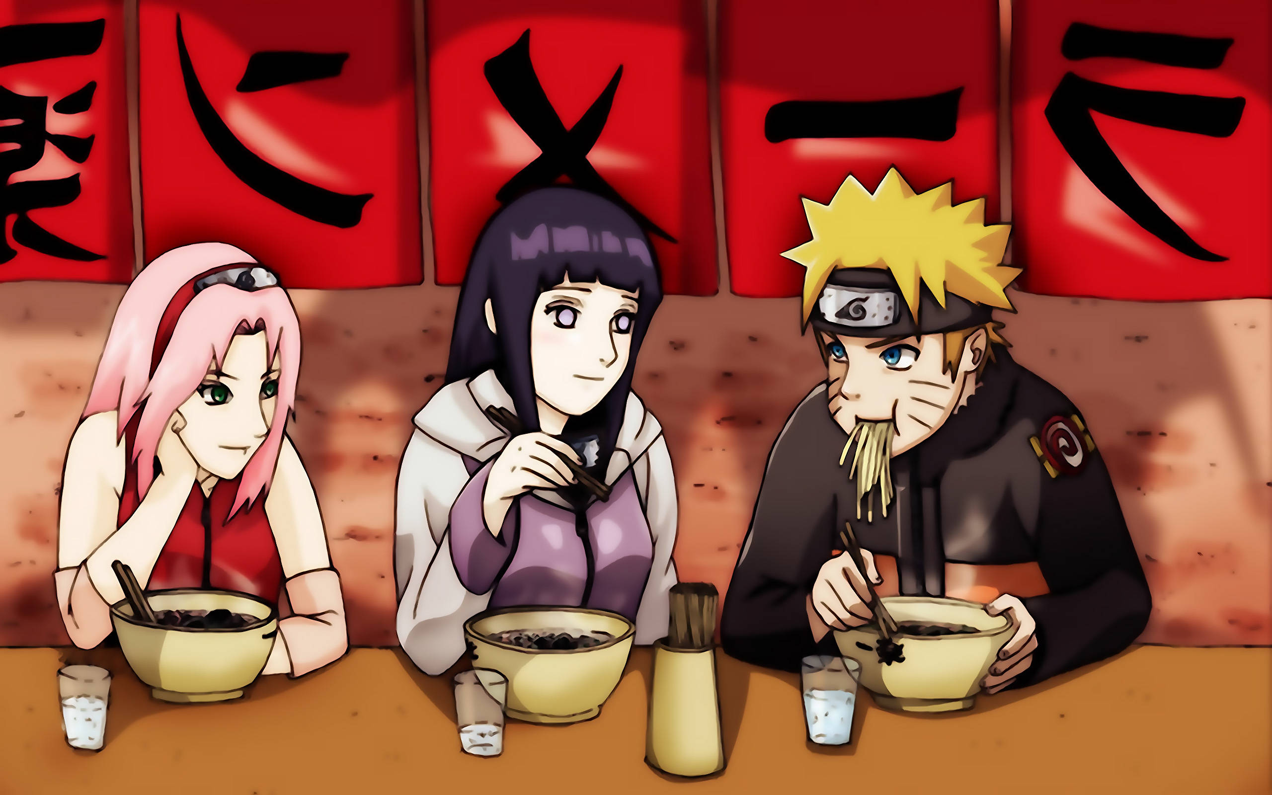 Naruto ve Hinata, Sakura ile Ramen Yiyor Duvar Kağıdı