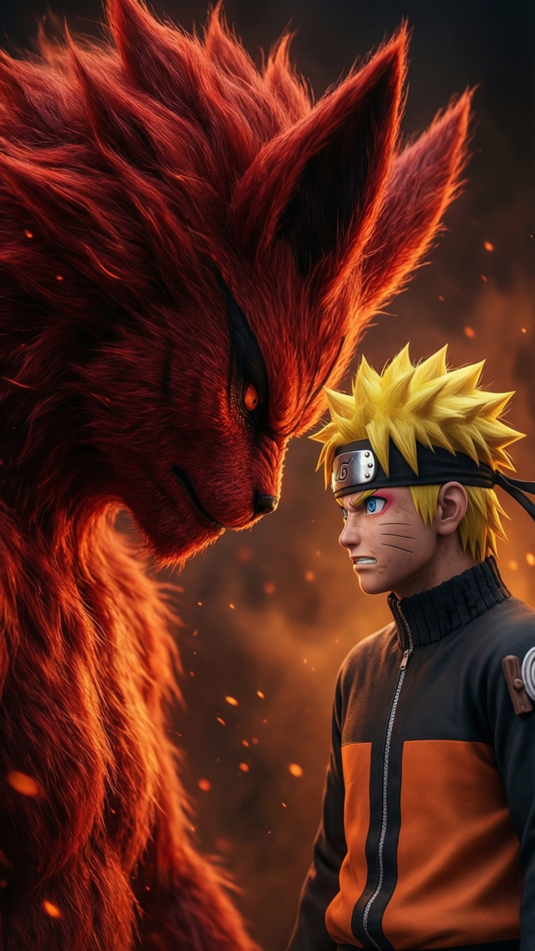 Naruto, Dokuz Kuyruklu Tilki'nin önünde duruyor.