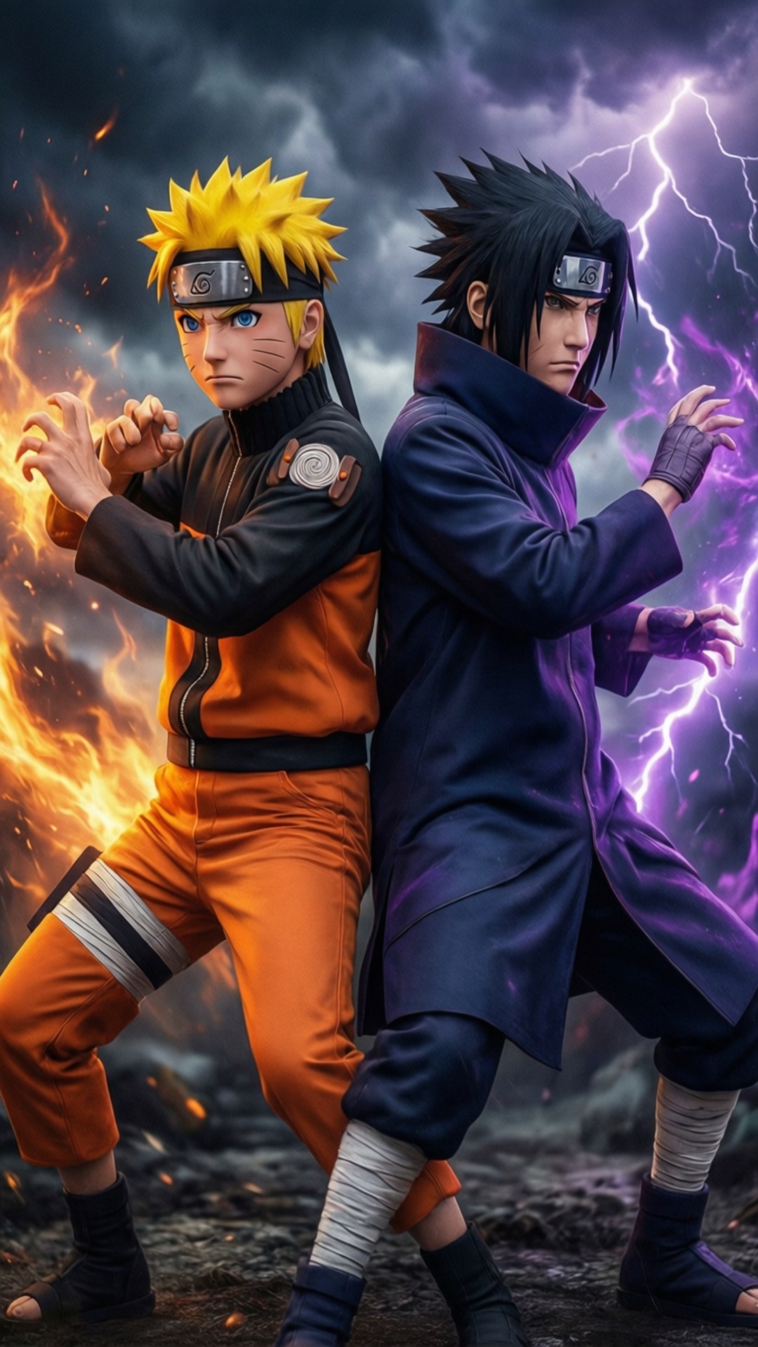 Naruto ve Sasuke savaş pozisyonunda sırt sırta.