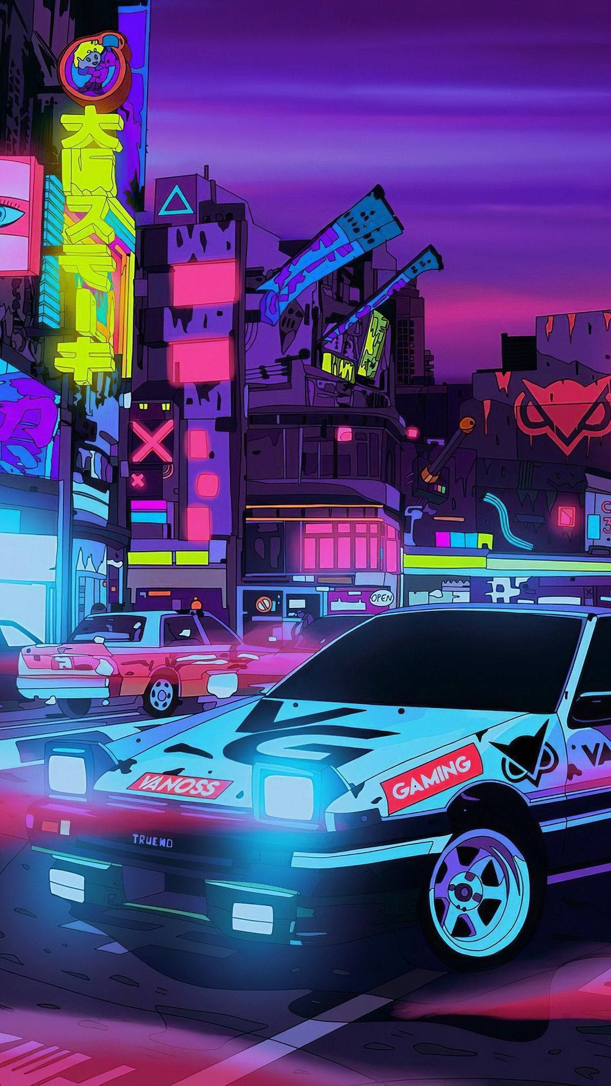 Neon Estetiği JDM Araba Canlı Gece Hayatını Sergiliyor Duvar Kağıdı