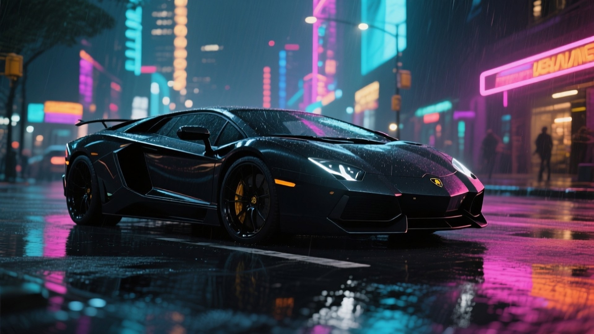 Neon ışıklı şehir gecesinde siyah Lamborghini Aventador — Havalı arabalar Duvar Kağıdı
