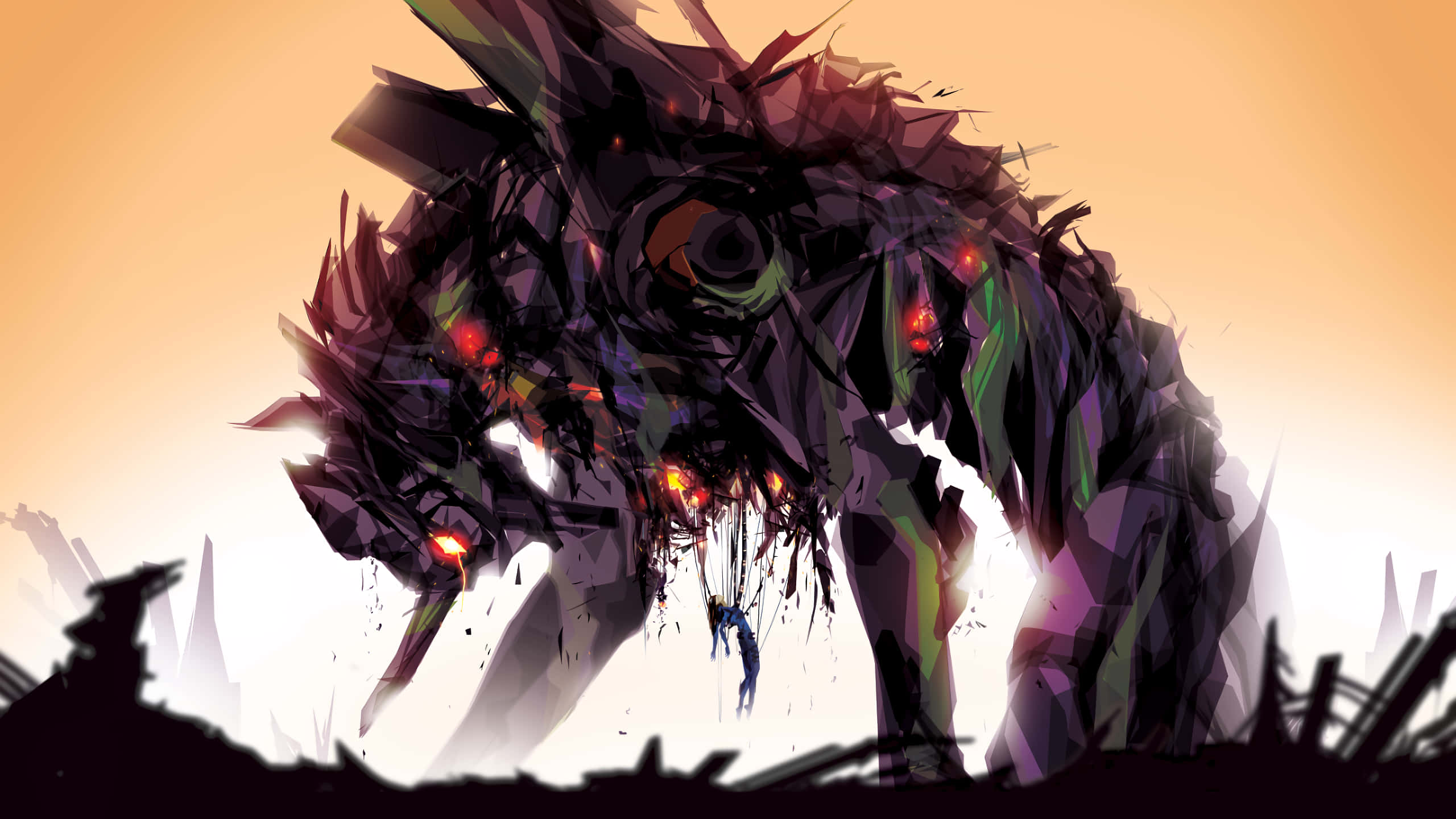 Neon Genesis Evangelion'ın Gelecekçi Mekanik Koruyucusu Alacakaranlık Gökyüzüne Karşı Duvar Kağıdı