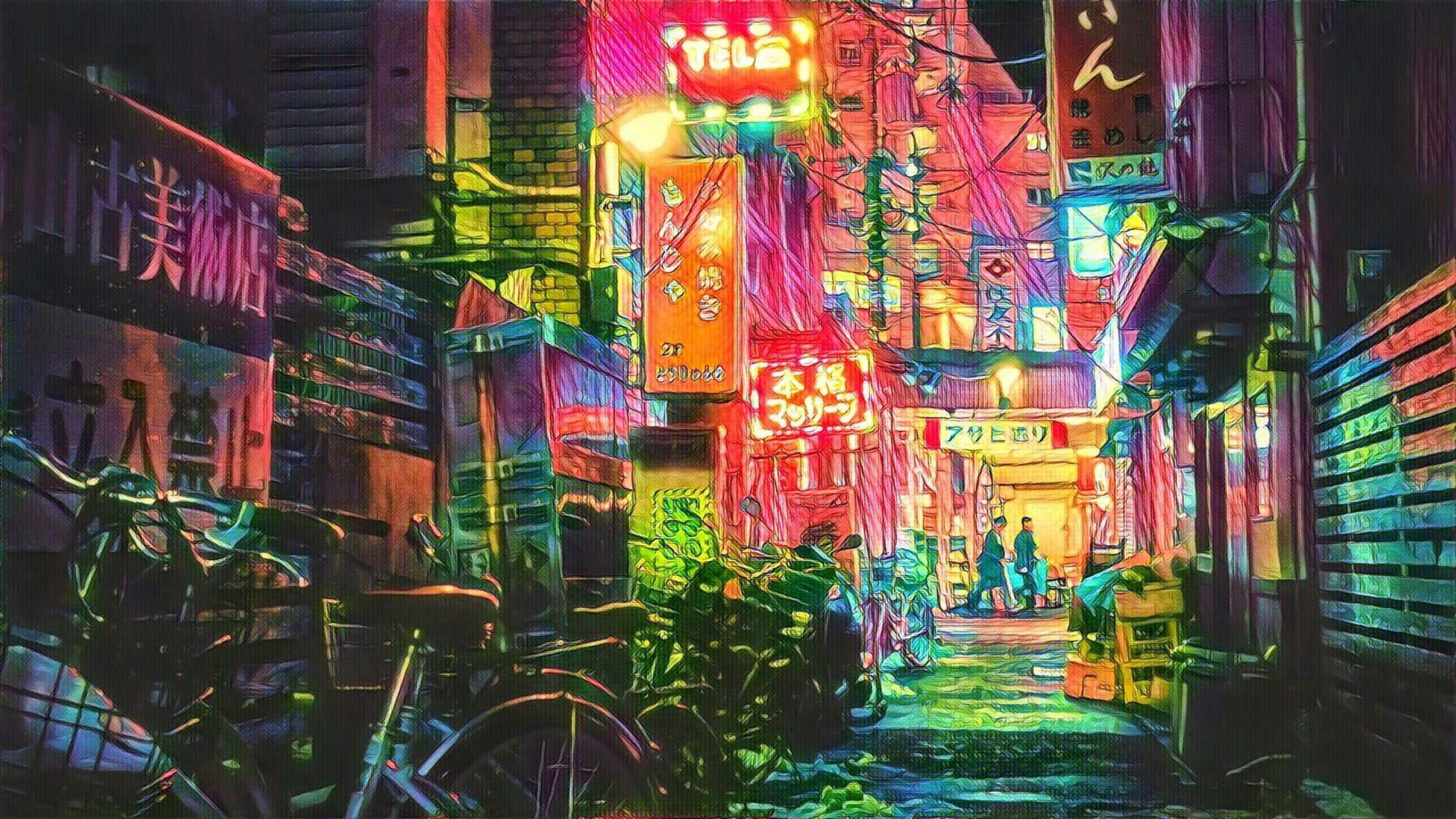Neon ışıklı bir sokakta bisiklet ve tabela Duvar Kağıdı
