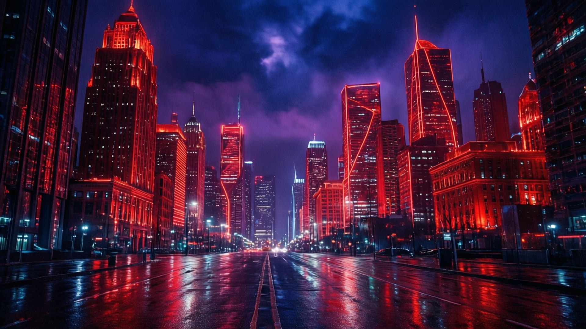 Neon Kırmızı Şehir Manzarası Duvar Kağıdı