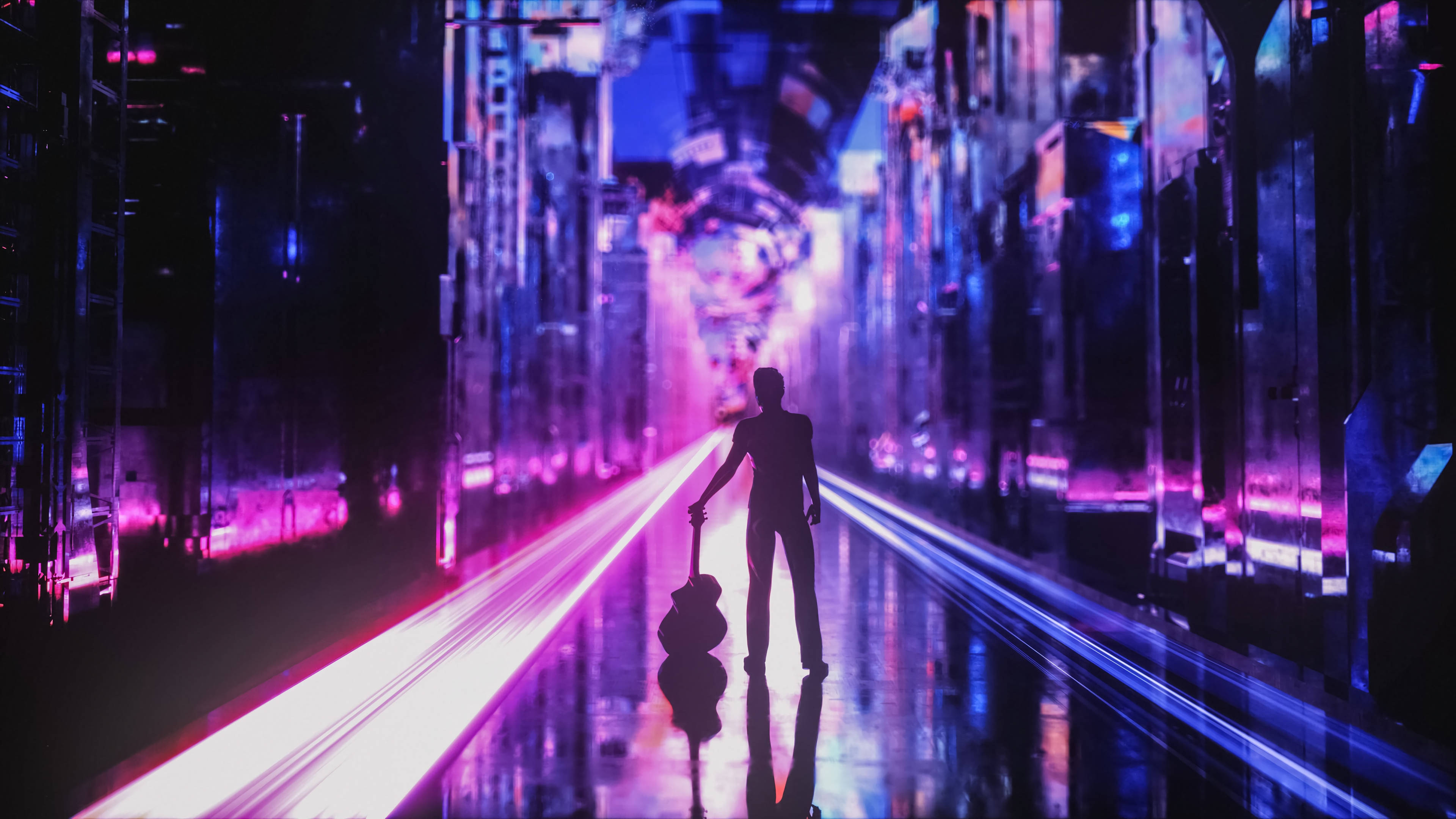Neon Mor Estetik Gölgeli Gitarist Duvar Kağıdı