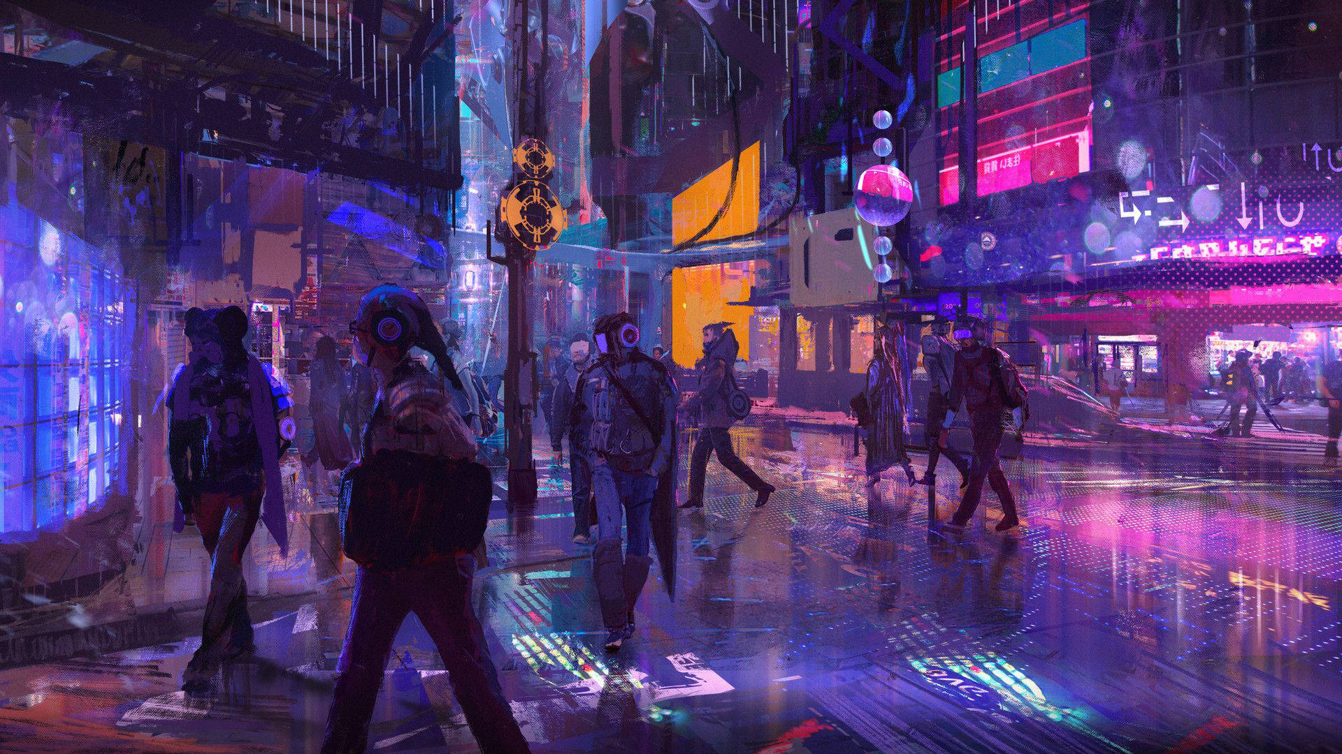 Neon Mor Estetik Siberpunk Sokak Duvar Kağıdı
