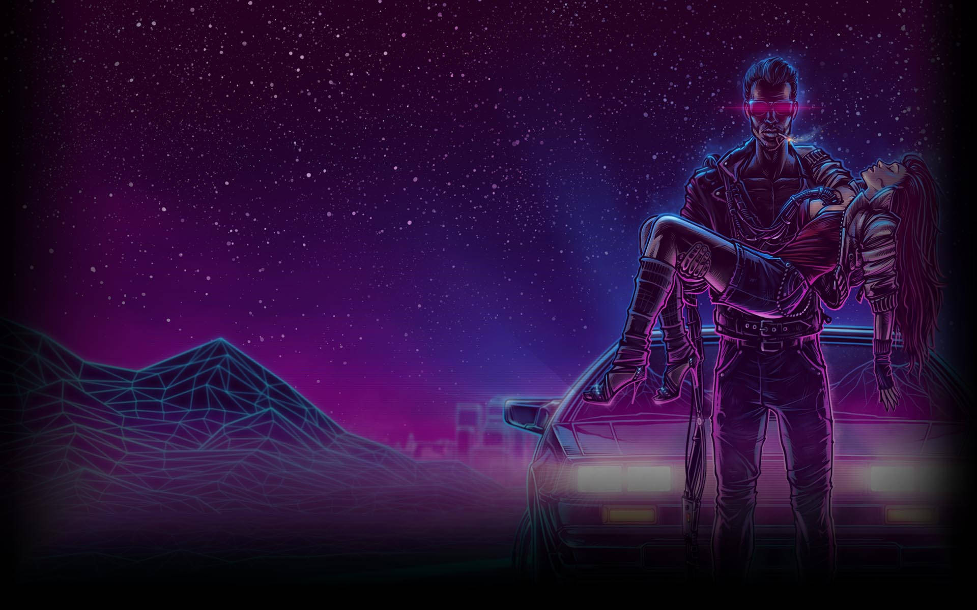 Neon Mor Estetik Tel Kafes Siberpunk Duvar Kağıdı