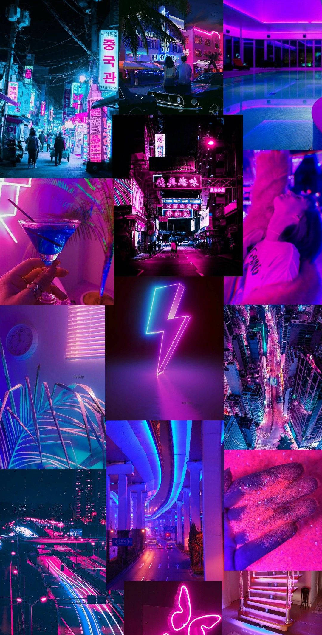 Neon Pembe ve Mavi Fotoğraflardan Oluşan Kolaj Duvar Kağıdı