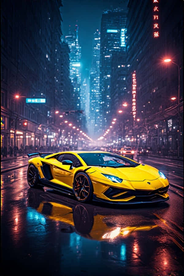 Neon Sarı Lamborghini Gece Şehir Işıkları 4K Gelecekçi Portre Duvar Kağıdı