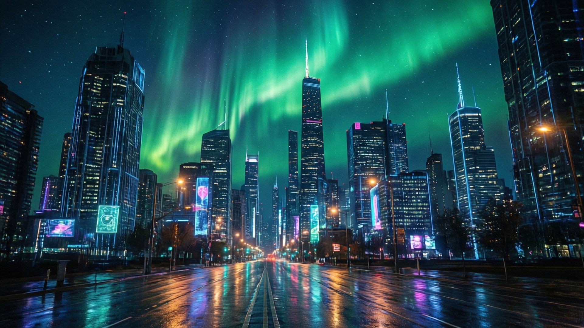 Neon Şehir Yeşil Aurora Duvar Kağıdı