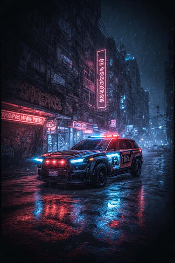 Neon Şehirde Devriye Gezen Gelecekçi Polis Arabası 4K Duvar Kağıdı