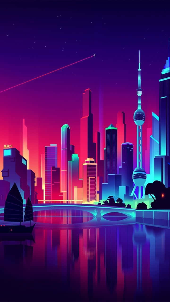 Neon ışıkları ve bir tekne ile şehir manzarası Duvar Kağıdı