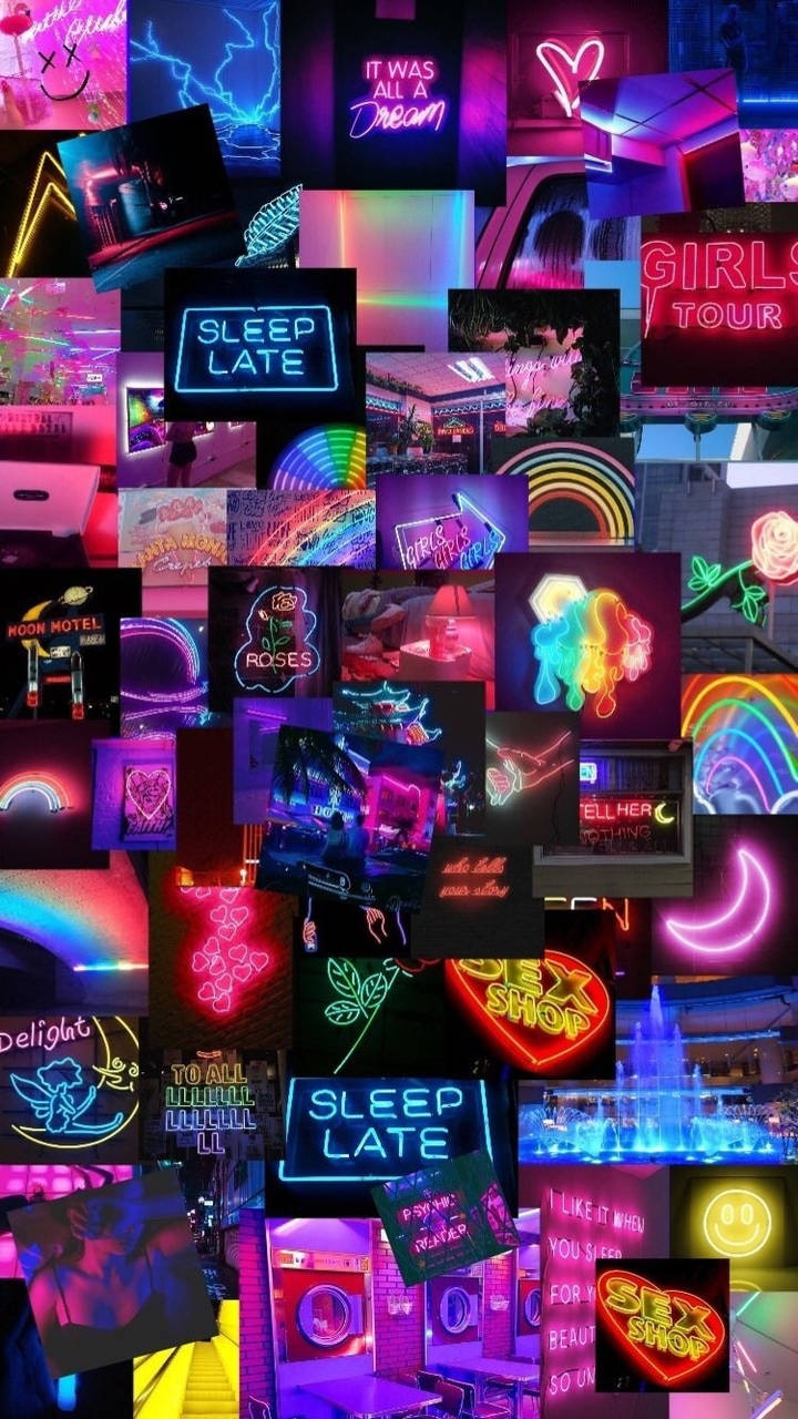 Neon Tabela Kolajı Trippy Estetik Duvar Kağıdı