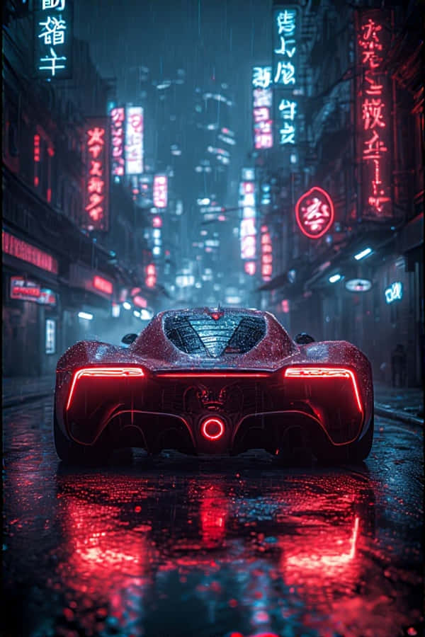 Neon Yağmurlu Sokakta Siberpunk Süper Araba Gelecekçi 4K Duvar Kağıdı