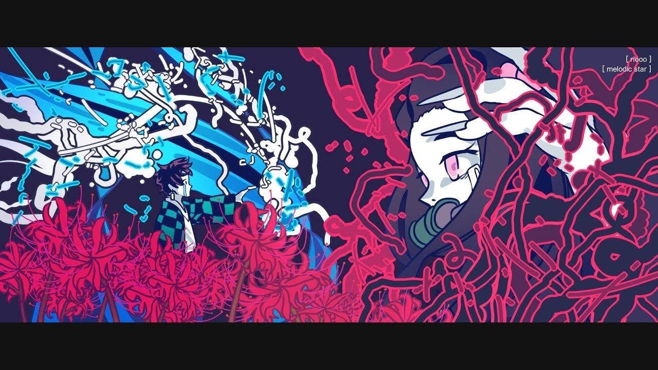 Kırmızı Örümcek Zambaklarıyla çevrili Tanjiro ve Nezuko'yu gösteren Demon Slayer duvar kağıdı