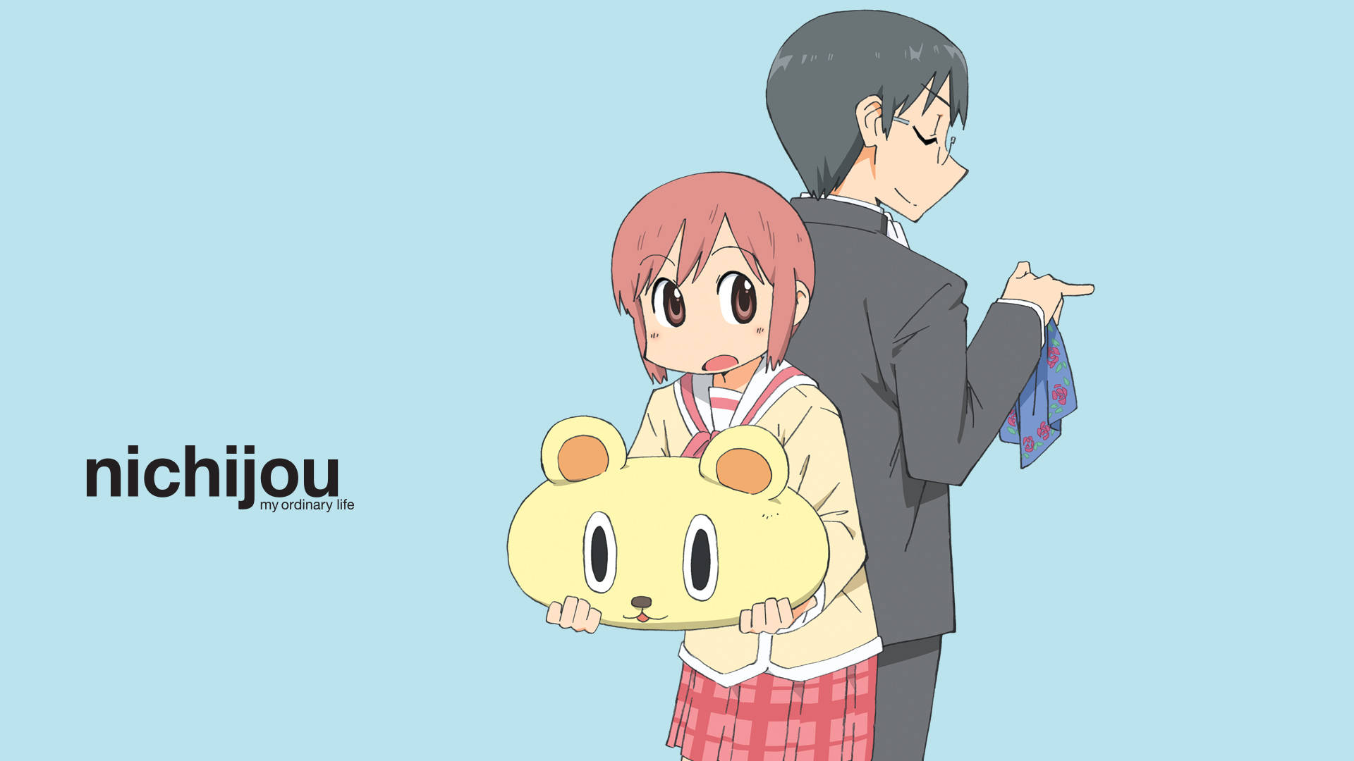 Nichijou Koujirou ve Misato Mavi Arka Planlı Duvar Kağıdı