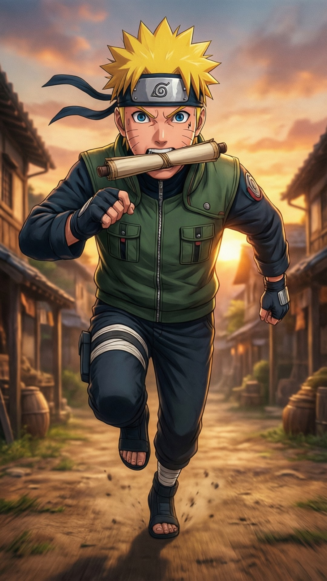 Naruto koşarken elinde bir parşömenle aksiyon dolu bir an.