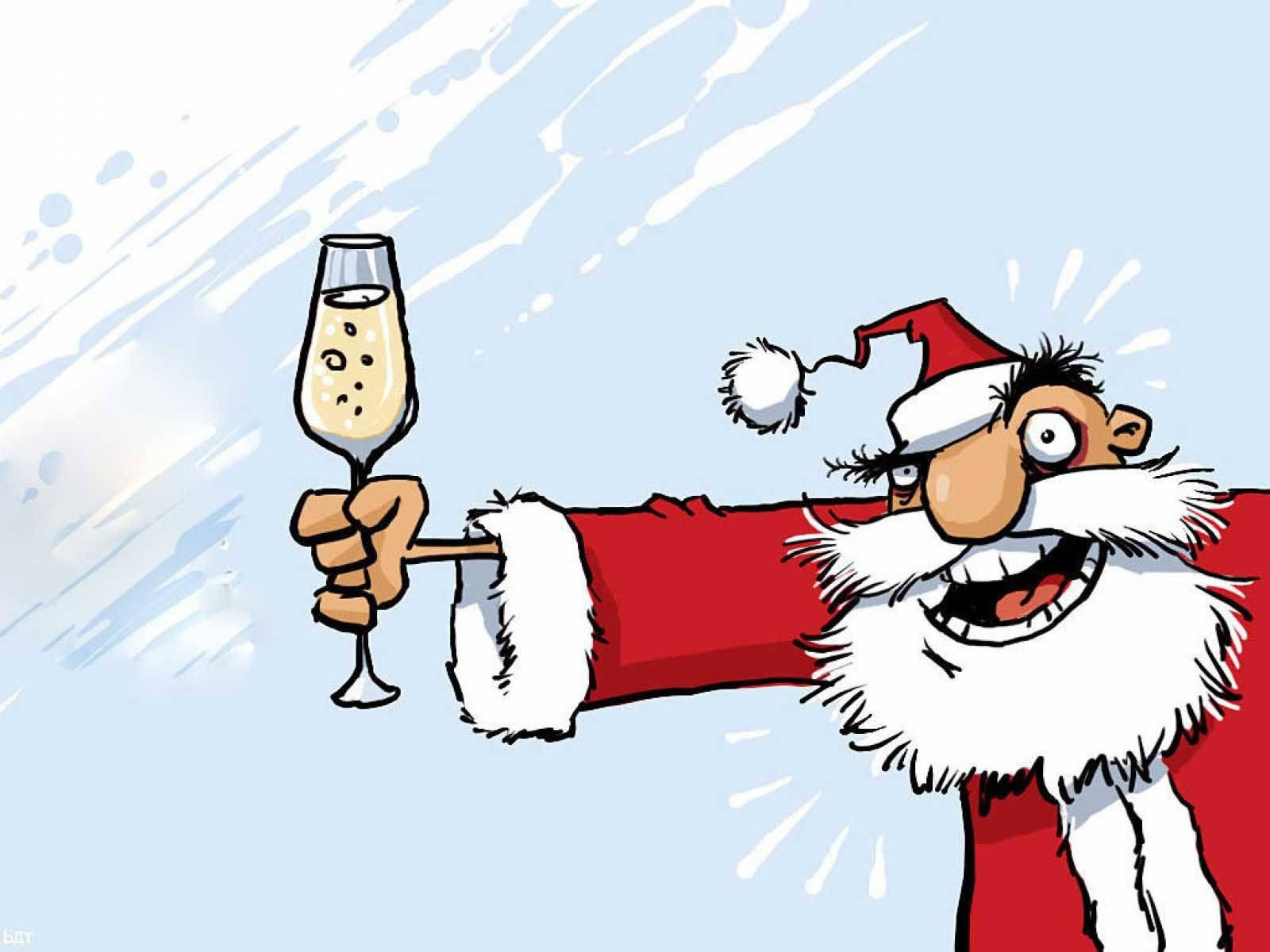 Noel Baba Şampanya Tutuyor Komik Noel Duvar Kağıdı