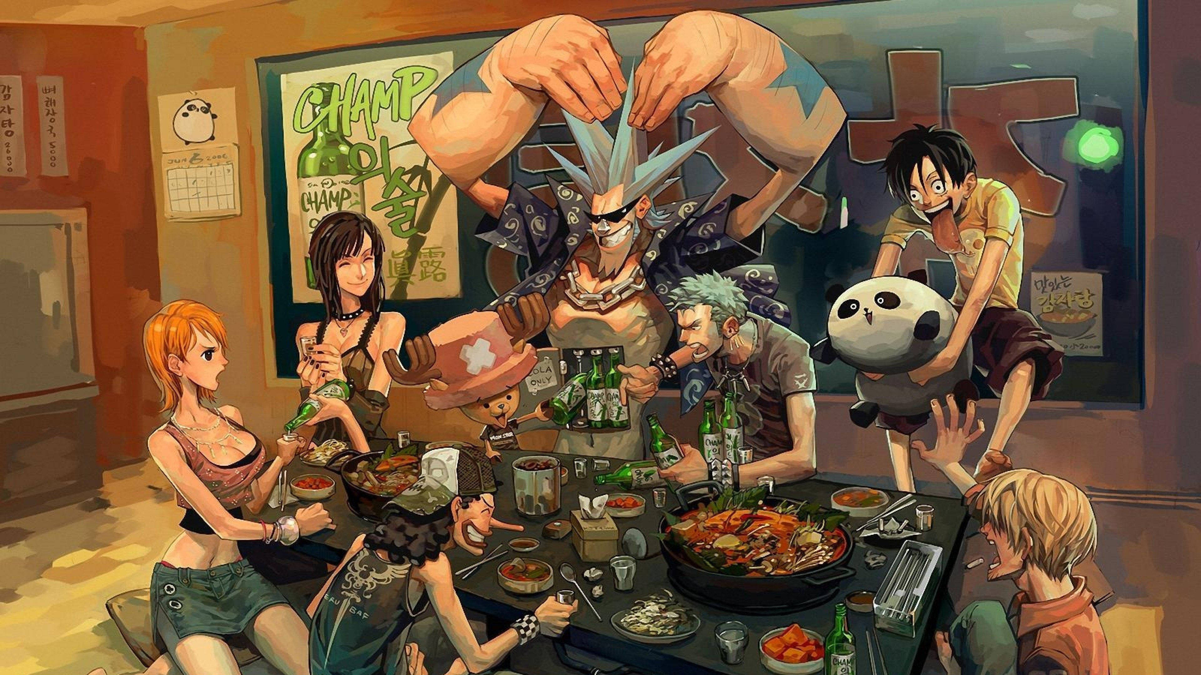 One Piece 4K Karakterler İçki İçiyor Duvar Kağıdı