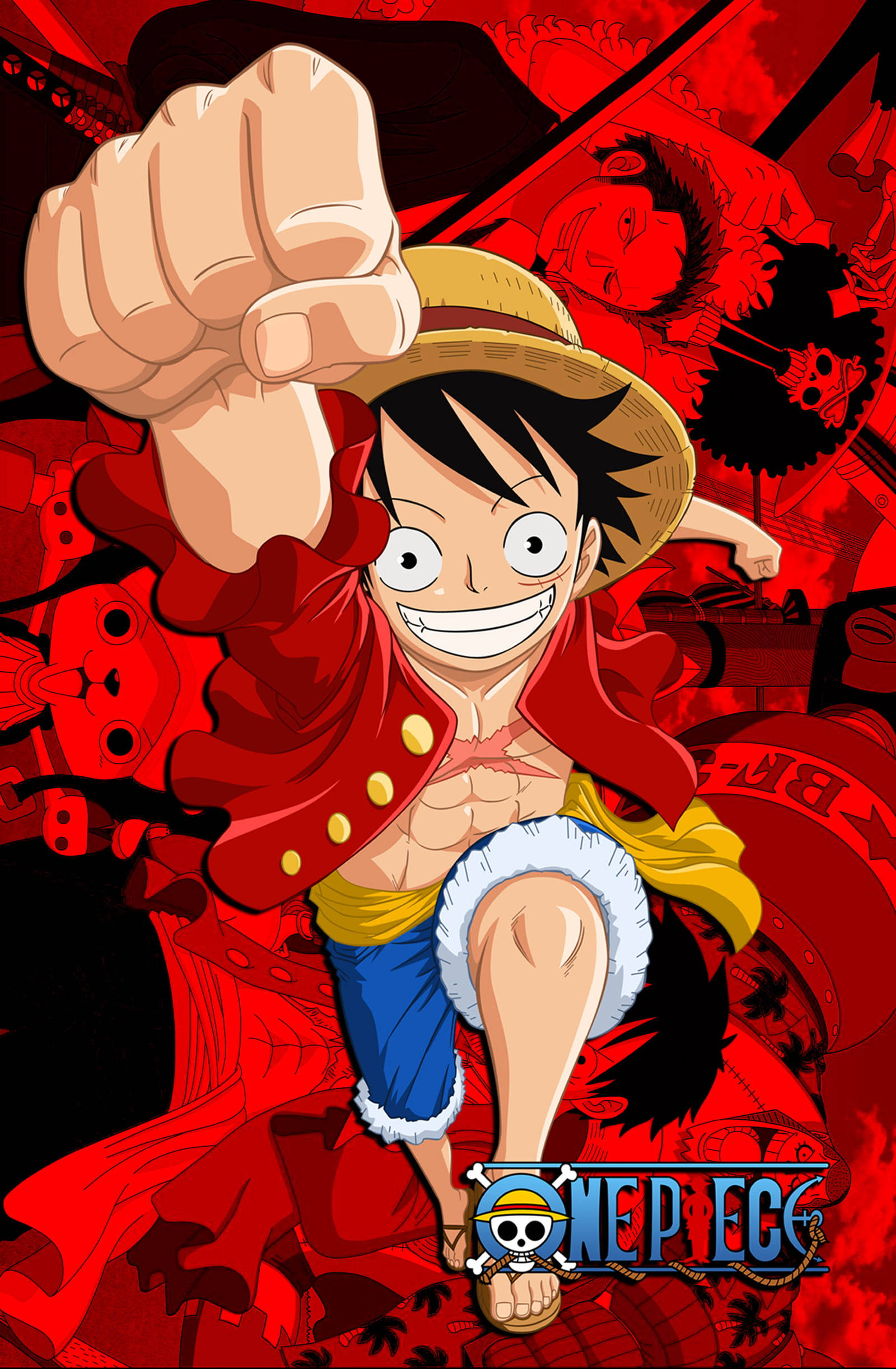 One Piece Luffy PFP Kırmızı Poster Korsanlarla Duvar Kağıdı