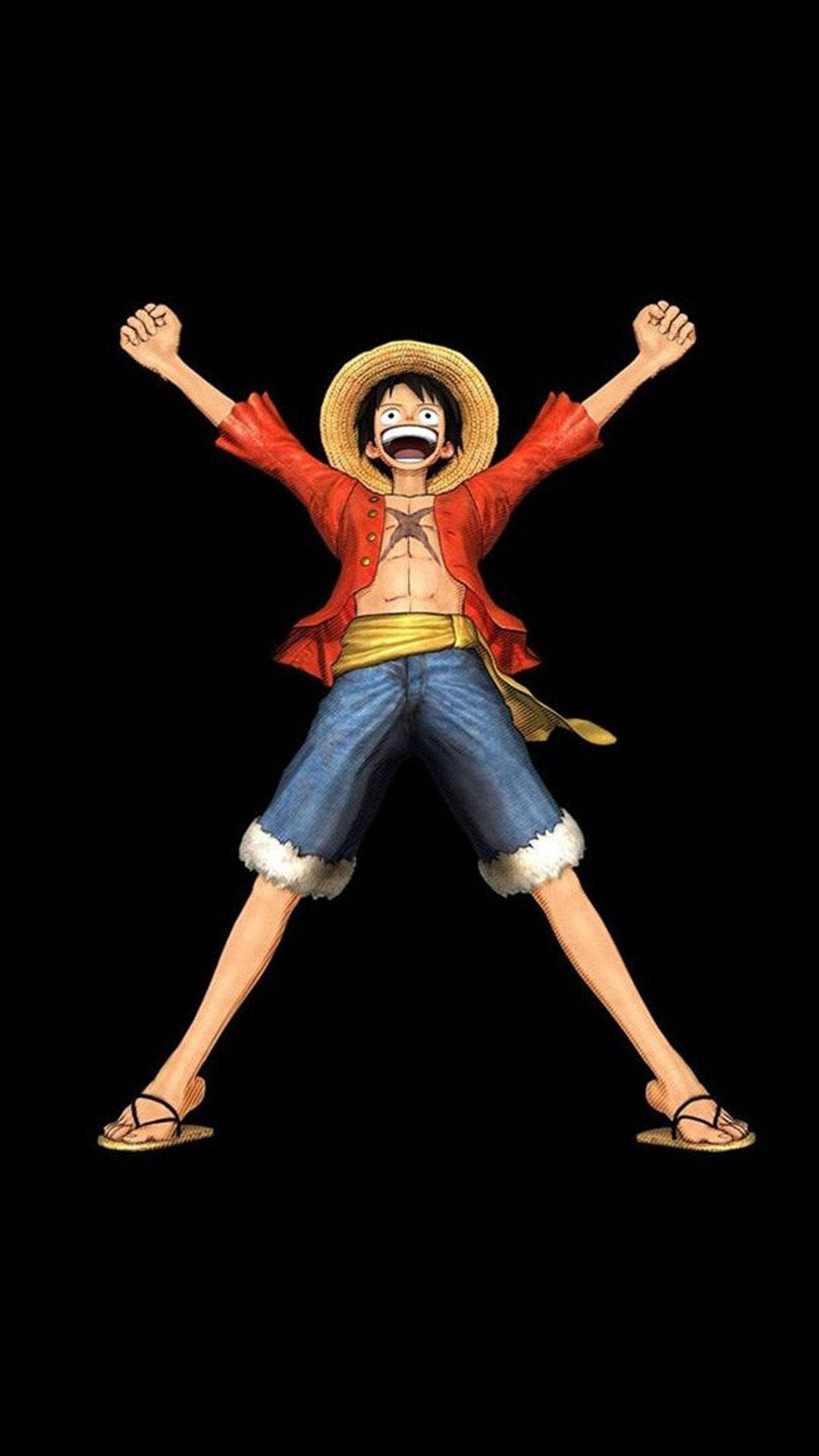 One Piece duvar kağıdında sırıtan ve heyecanlı Luffy portresi.