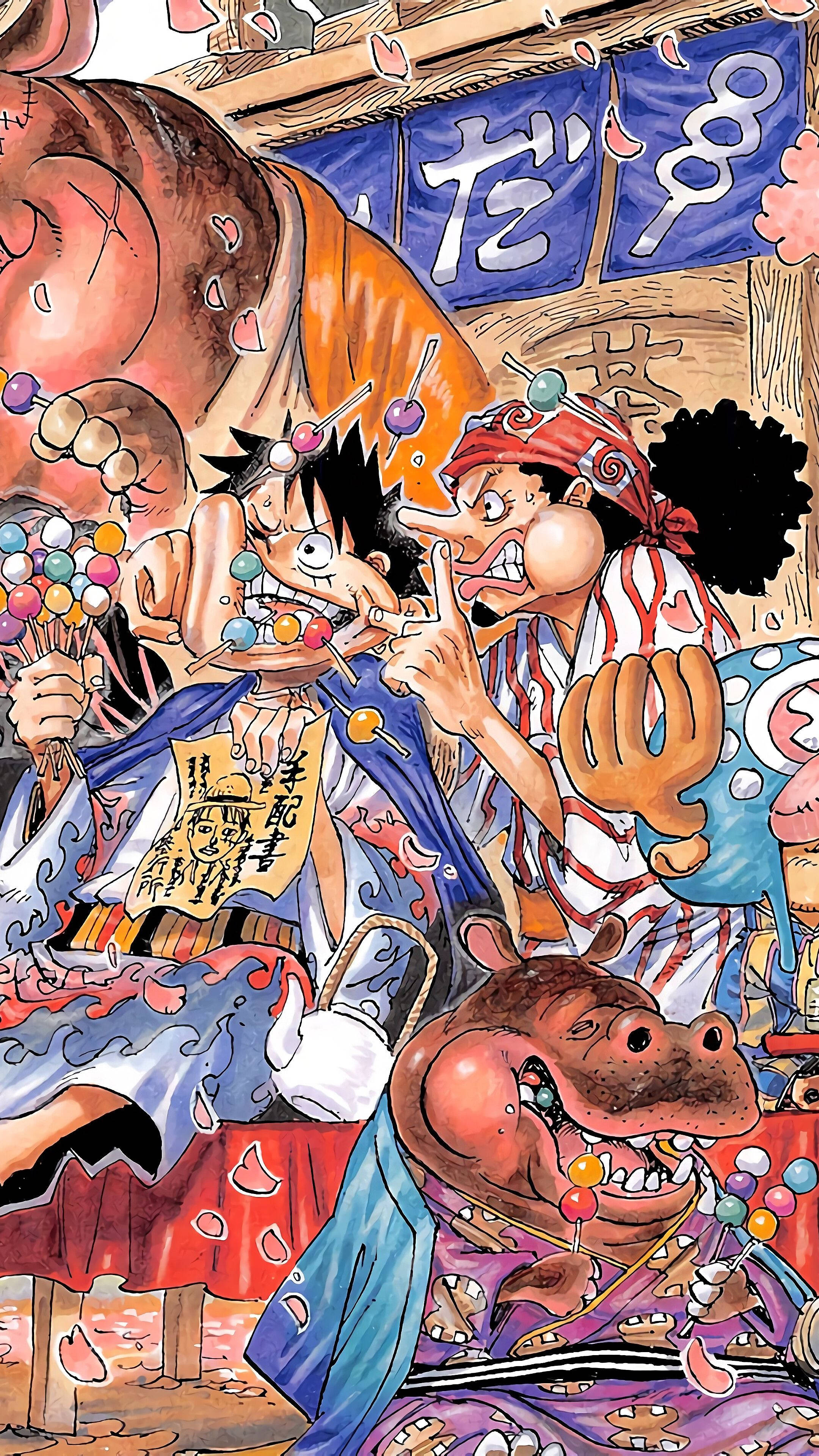 One Piece Telefon Luffy ve Usopp Dango Yiyor Duvar Kağıdı
