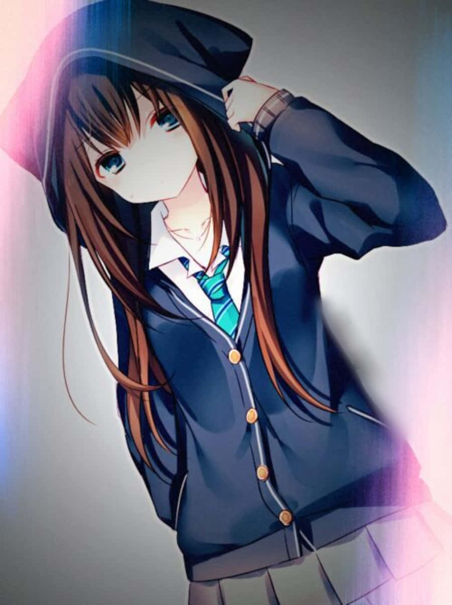 Orijinal Anime Kızı Pembe Kapüşonlu Duvar Kağıdı