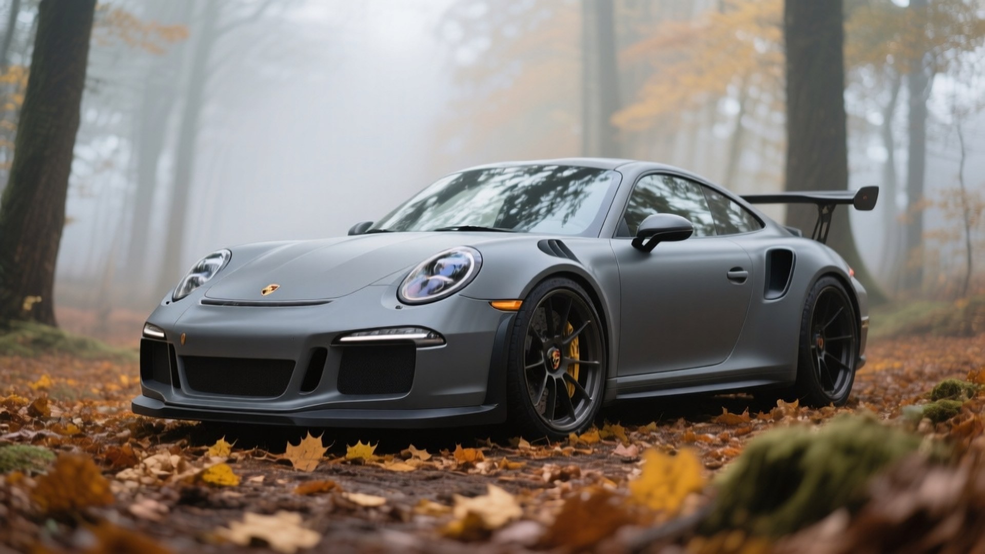 Mat gri Porsche 911 GT3 RS sonbahar ormanında